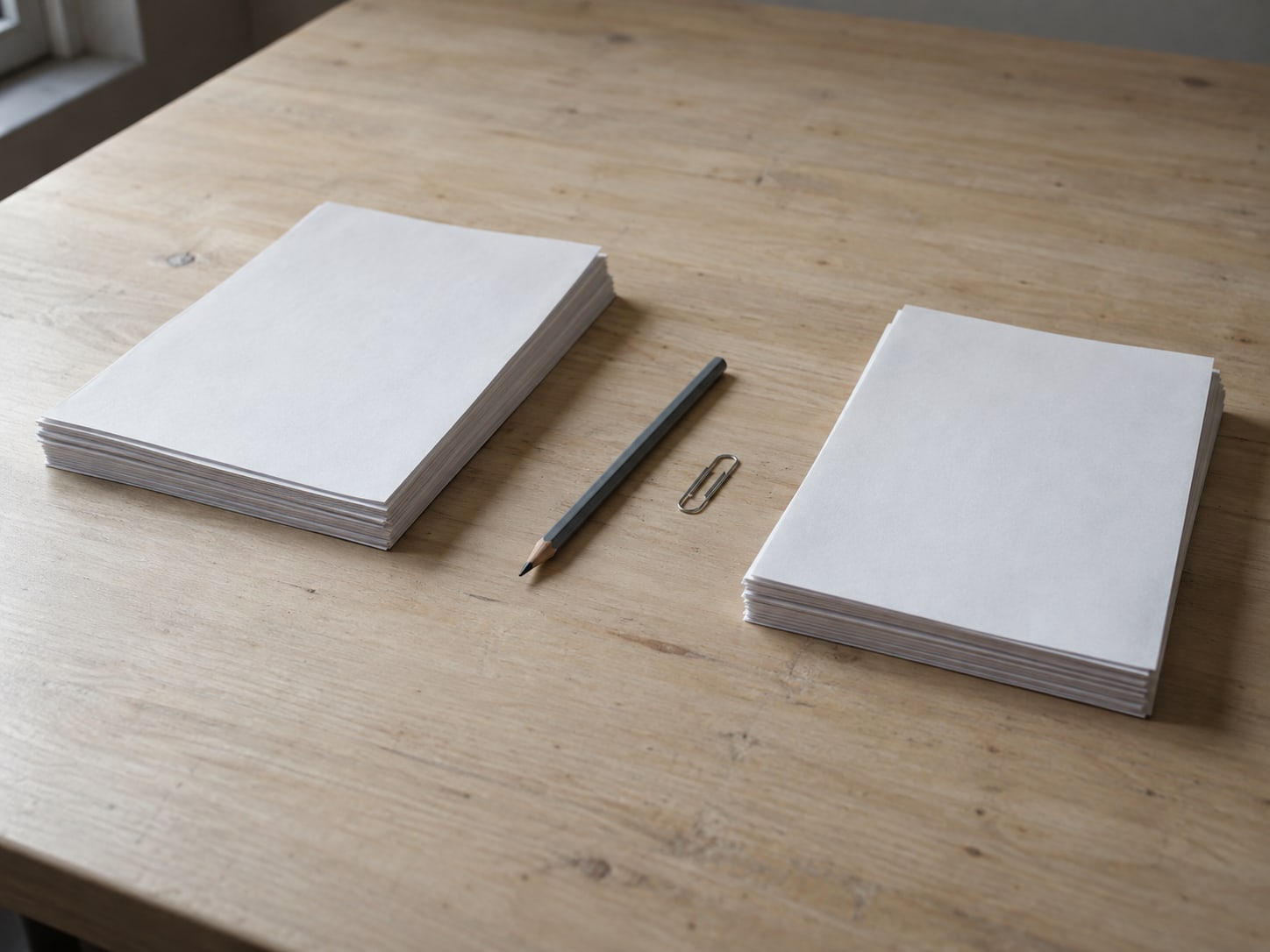 A stack of blank printed pages on a desk, sorted into two neat piles with a pencil and a paperclip resting between them.