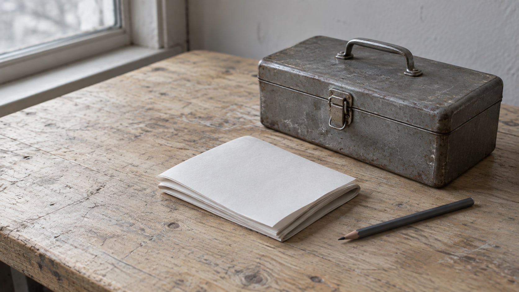A folded stack of blank paper beside a small closed toolbox and a pencil on a plain wooden desk.