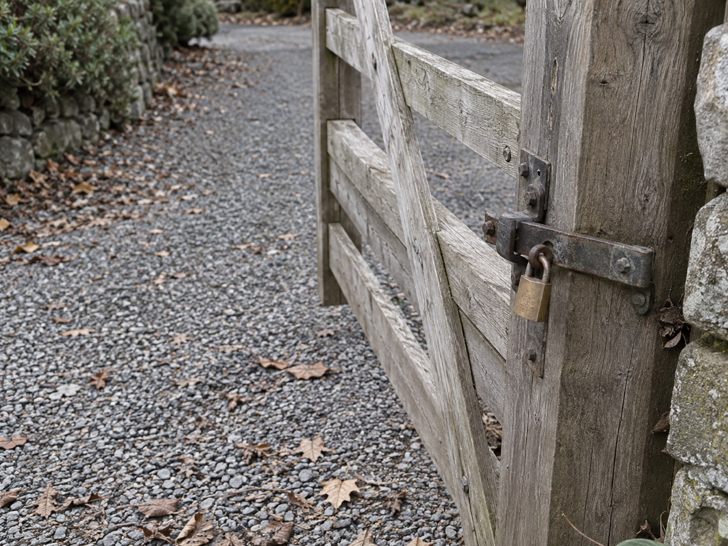 A wooden garden gate latched shut across a gravel path, with a brass padlock hanging from the latch and leaves scattered on the ground.