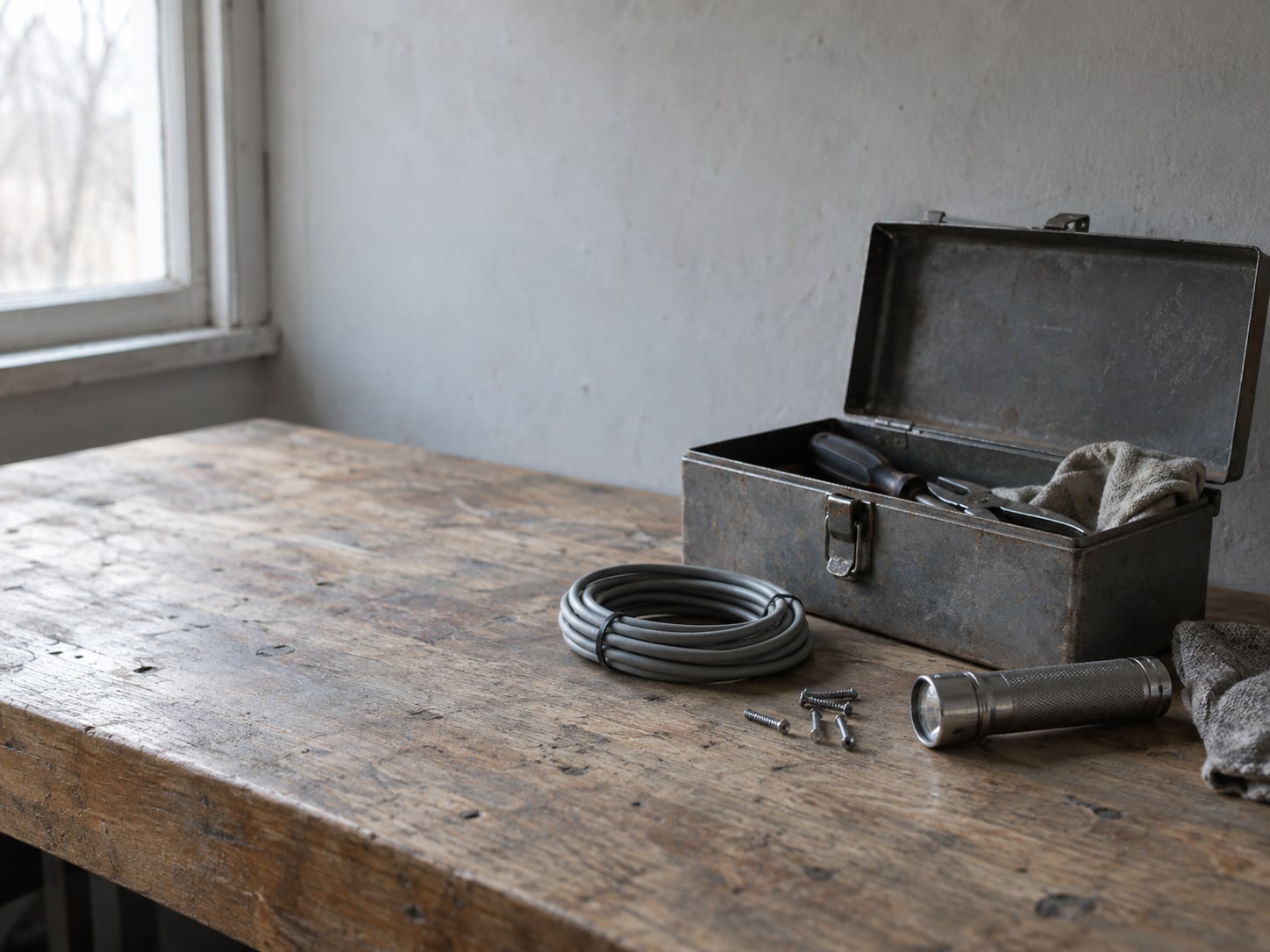 A small toolbox resting open on a plain wooden workbench, with a coil of cable, a flashlight and a few loose screws beside it.