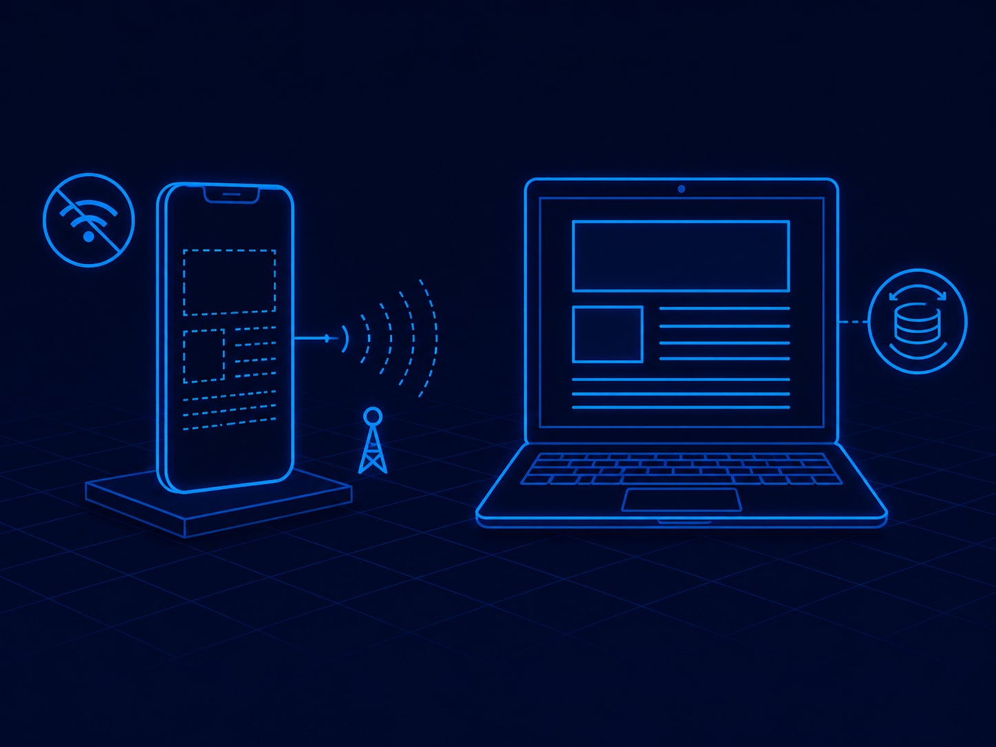 A hand holding a phone with wifi switched off, opening a site cold on cellular data, next to a laptop showing the same site loading instantly from cache.