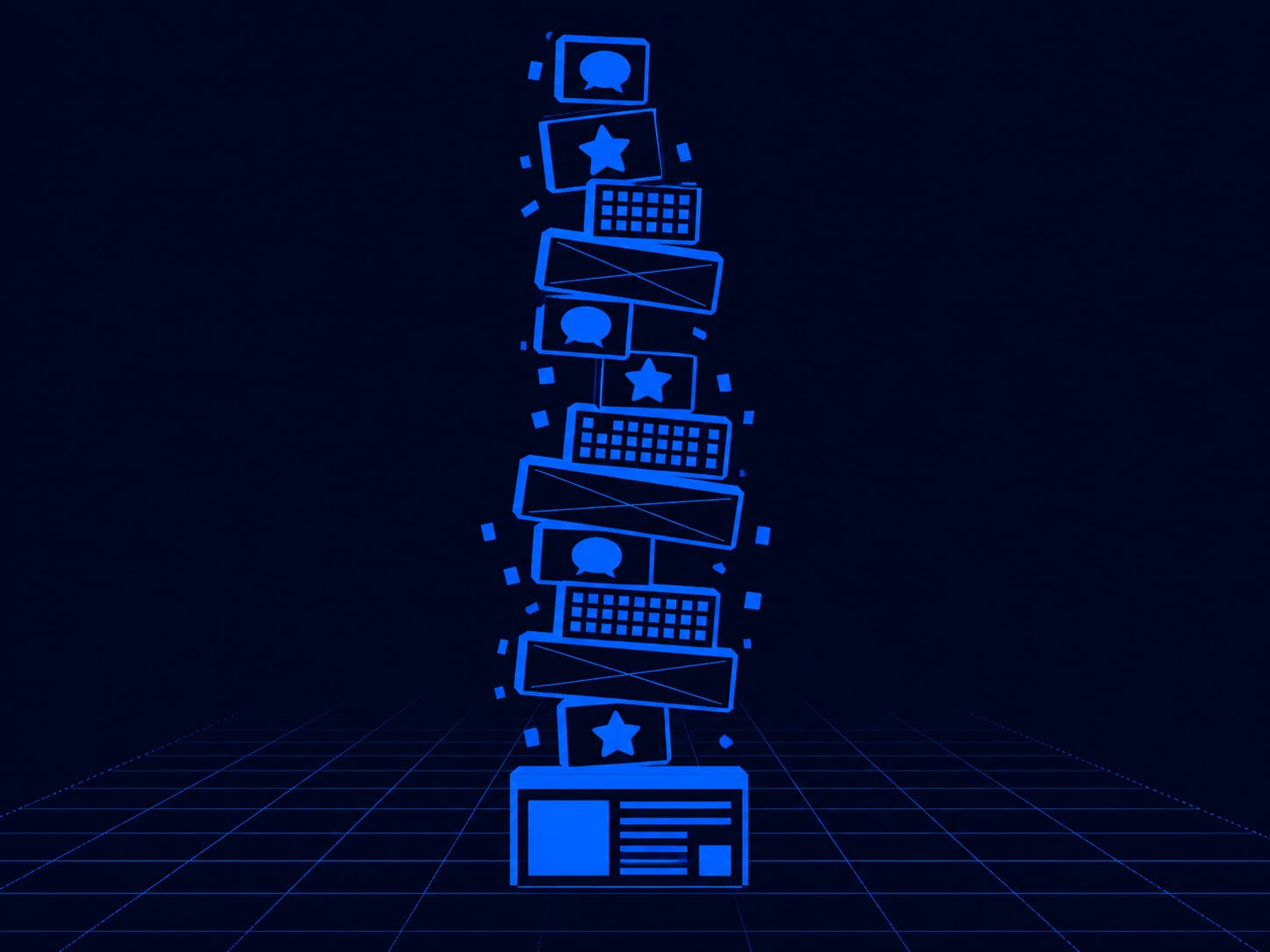 A page load broken into stacked bars where a small block of the site's own content sits under a much taller stack of third-party chat, review, analytics and advertising scripts.