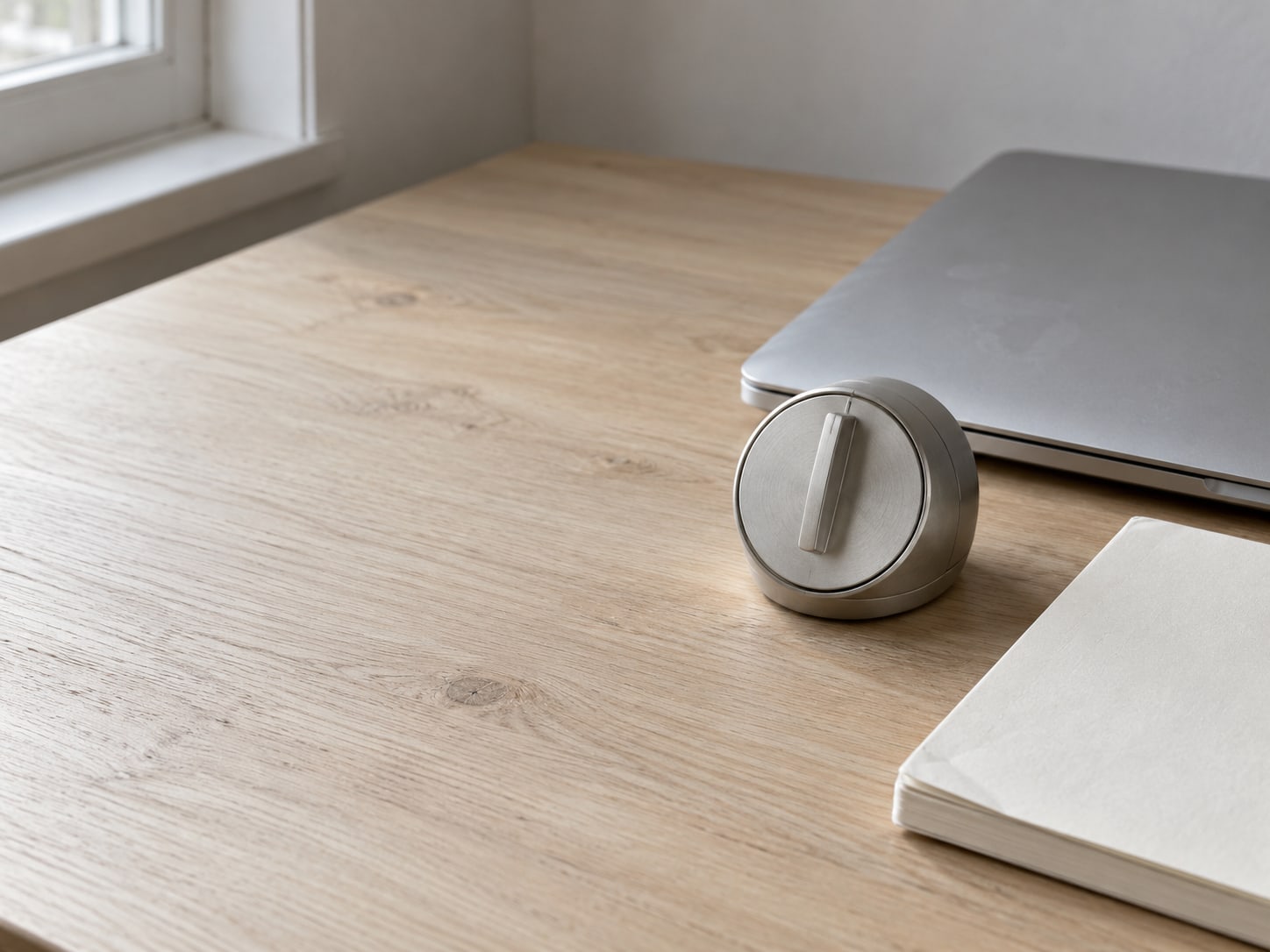 A kitchen timer set on a desk beside a closed laptop and a blank notepad.
