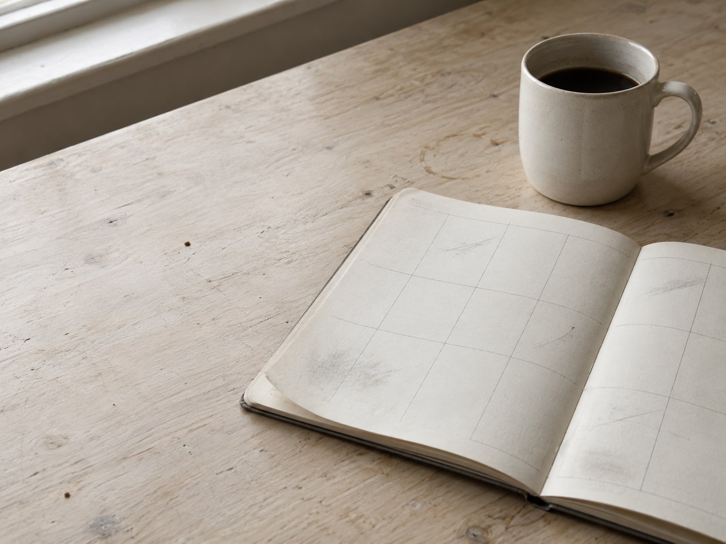A blank desk planner open to a week with unreadable pencil marks beside a coffee mug.