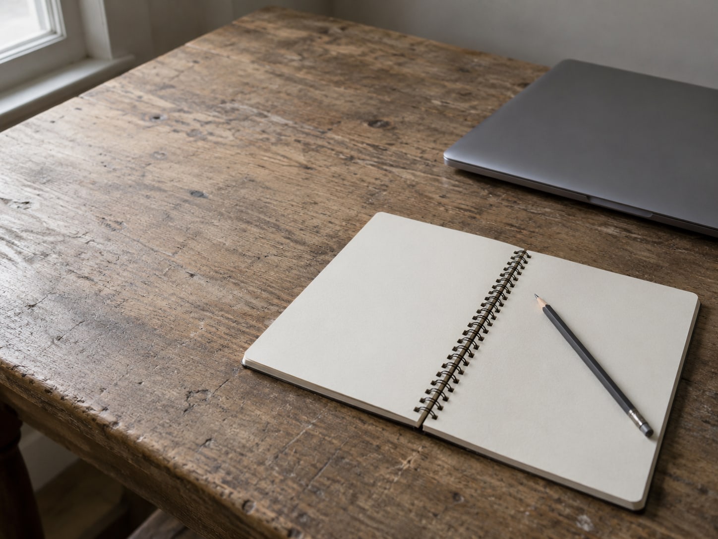 A pencil and a blank spiral notebook open on a worn wooden desk beside a closed laptop.
