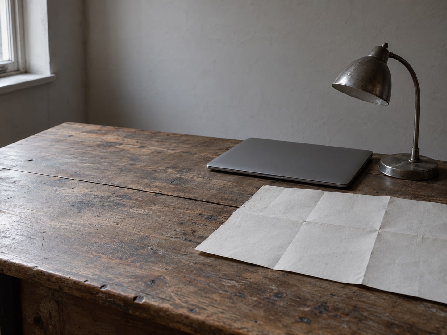 A closed laptop and a small desk lamp beside a folded paper map on a wooden table.