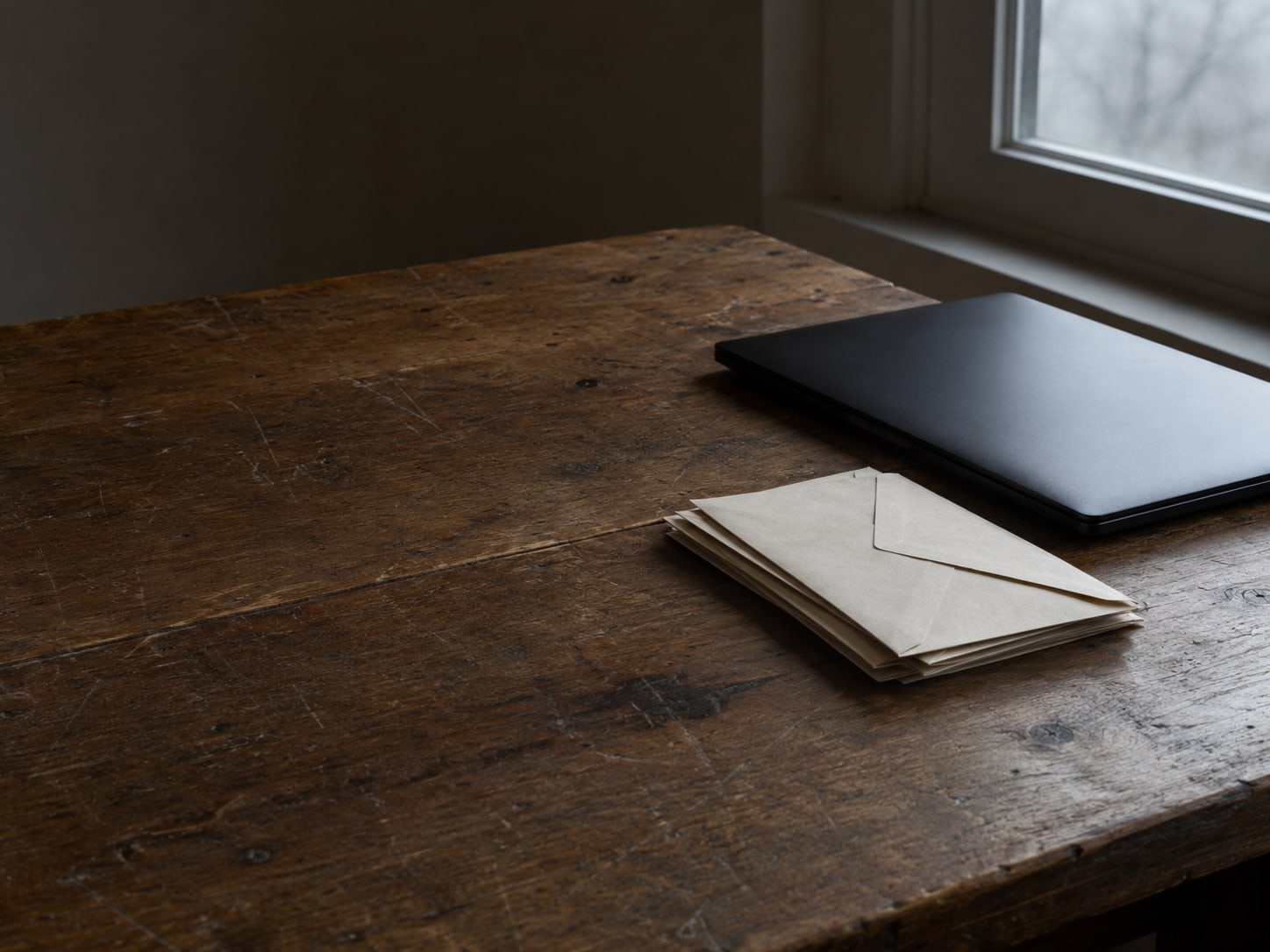 A closed laptop beside a small stack of sealed envelopes on a worn wooden desk, lit by late evening light.