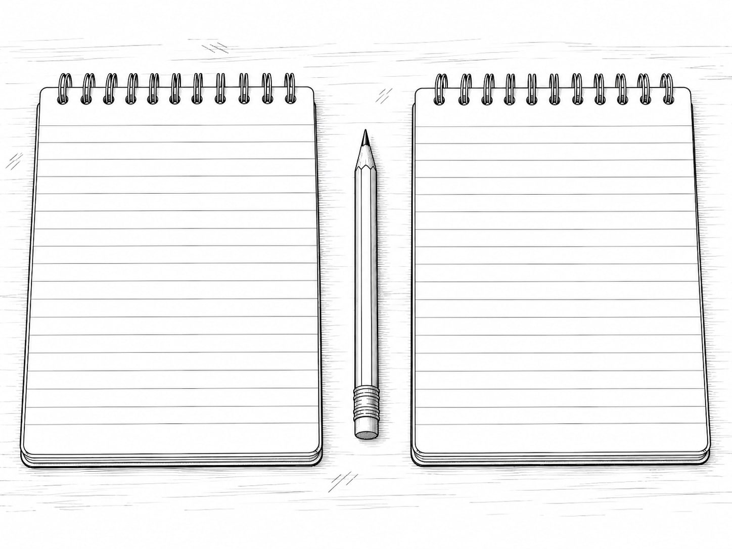 Two blank lined notepads side by side on a pale desk, each with a few unreadable pencil marks and a sharpened pencil between them.