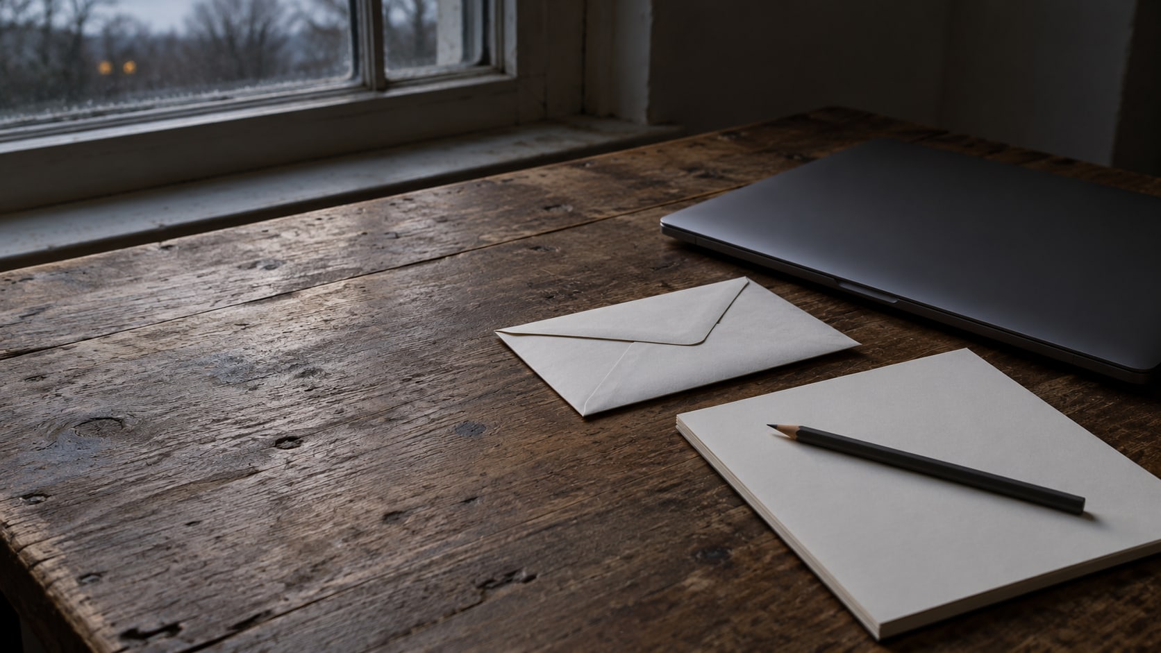 A closed laptop, a sealed envelope and a pencil resting on a blank notepad on a worn wooden desk in soft evening light.