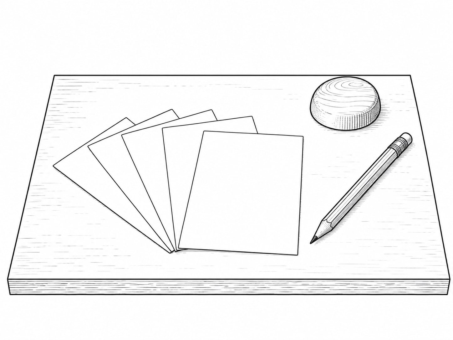 A row of blank index cards fanned out on a table beside a pencil and a small brass paperweight.