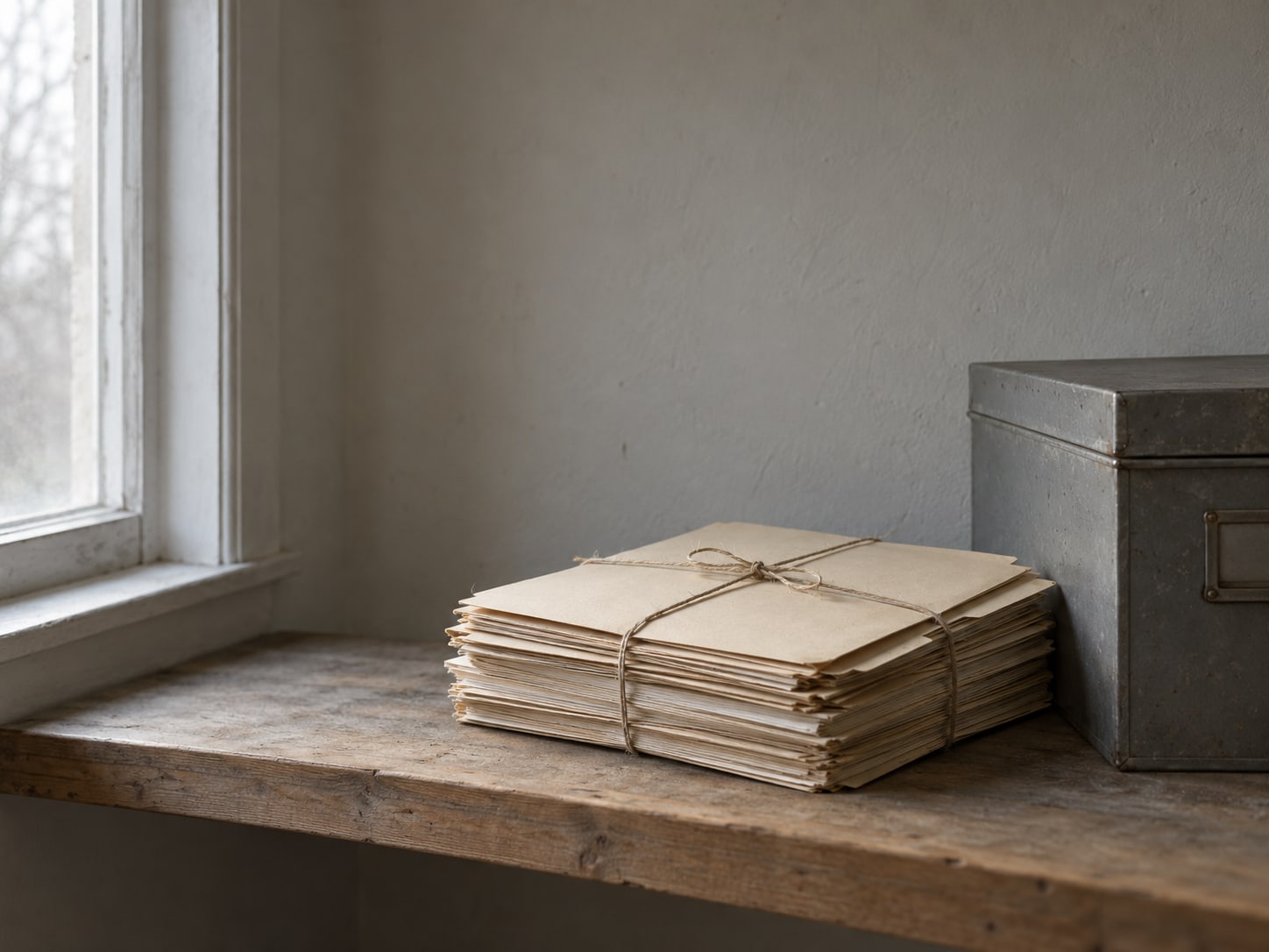 A neat stack of unmarked paper folders tied with string on a shelf, next to a closed metal filing box.