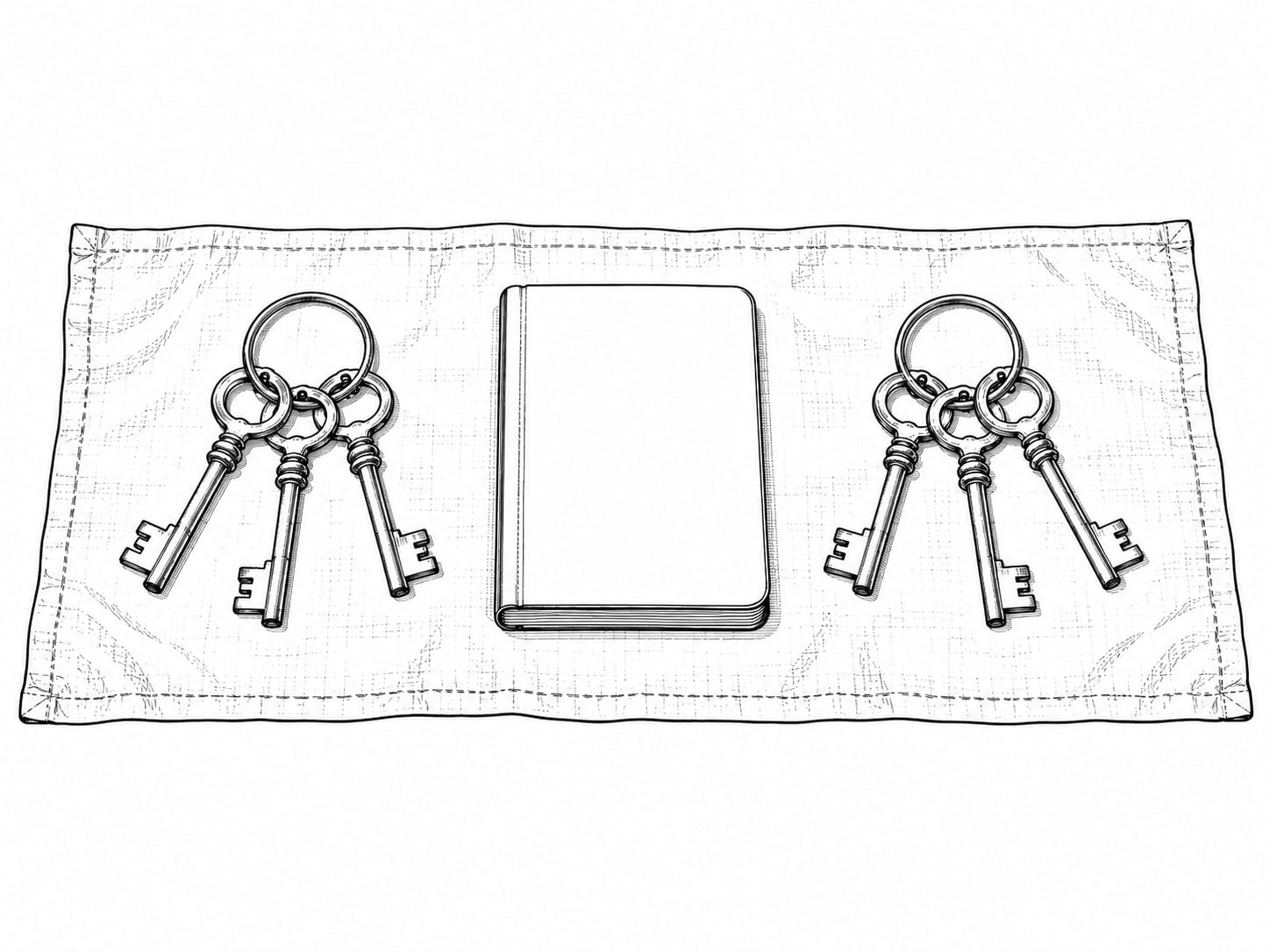 Two matching sets of brass keys laid side by side on a plain linen cloth with a small closed notebook between them.