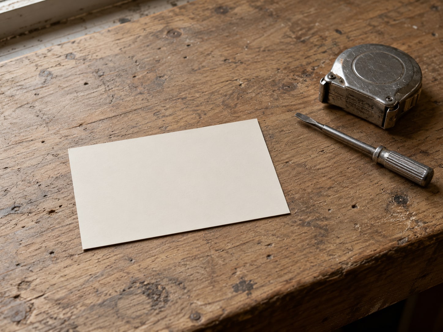 A single index card on a workbench next to a coiled tape measure and a small screwdriver, the card left blank.