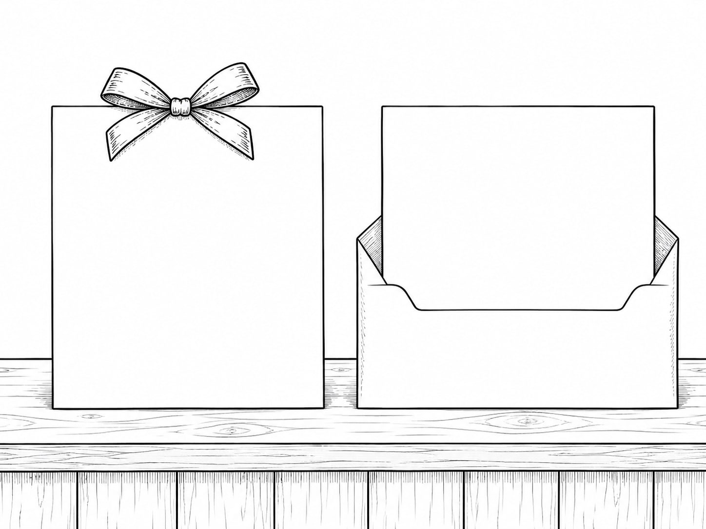 Two plain cards laid side by side on a wooden counter, one with a small ribbon and one tucked into a blank folder.