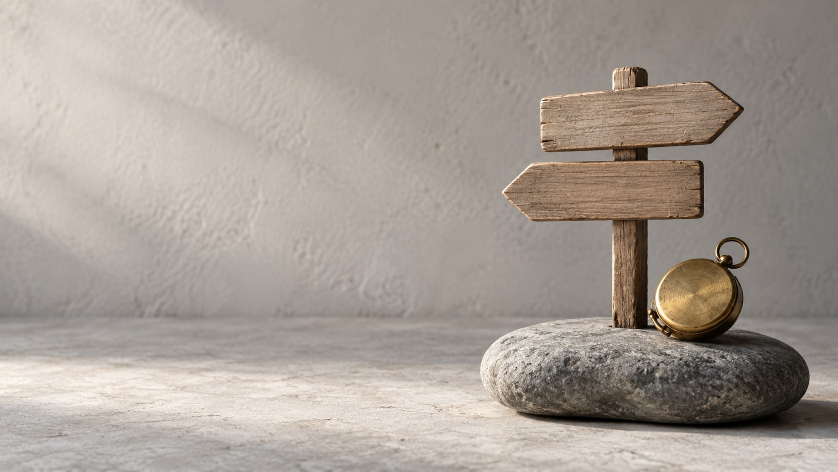 A small wooden signpost with two blank arrow boards standing on a smooth gray stone beside a closed brass compass.