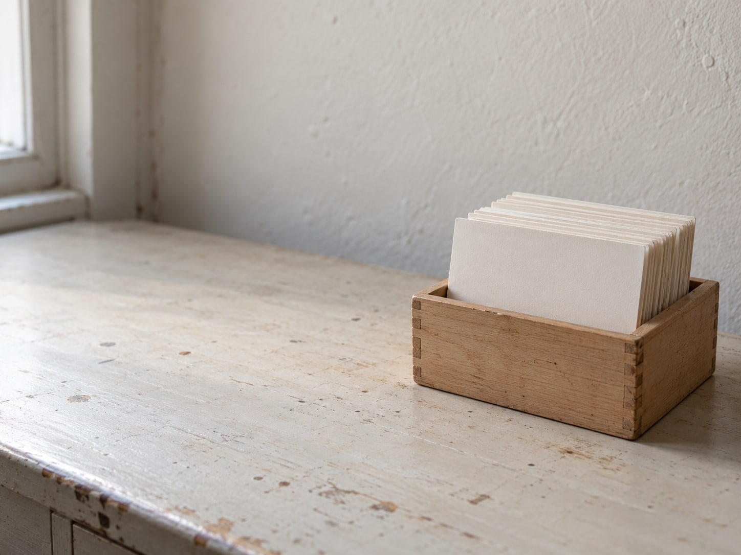 A neat row of identical blank index cards standing upright in a wooden box on a desk.