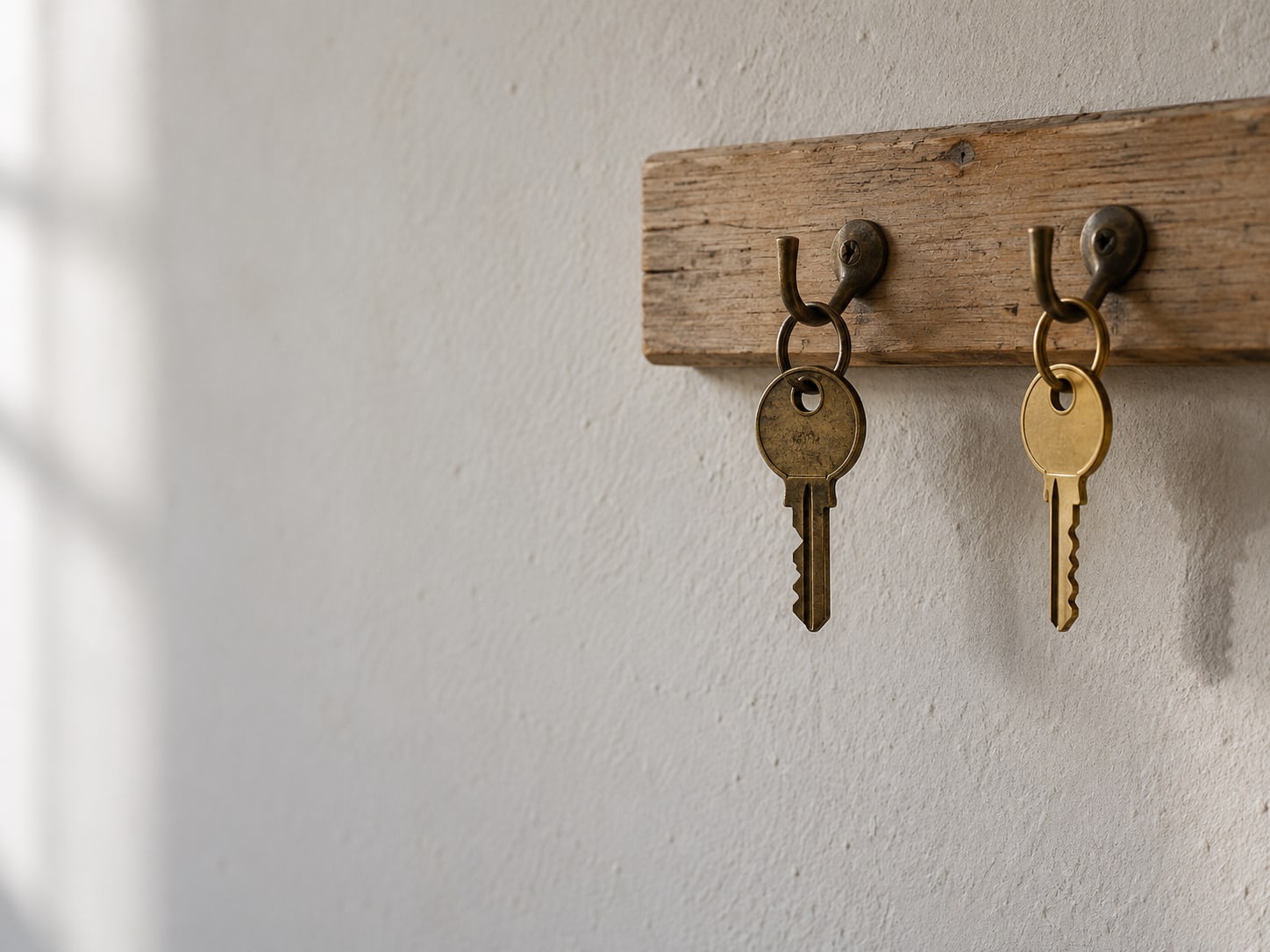 Two small brass keys hanging on neighboring hooks of a bare wooden rack, one old and tarnished and one new.