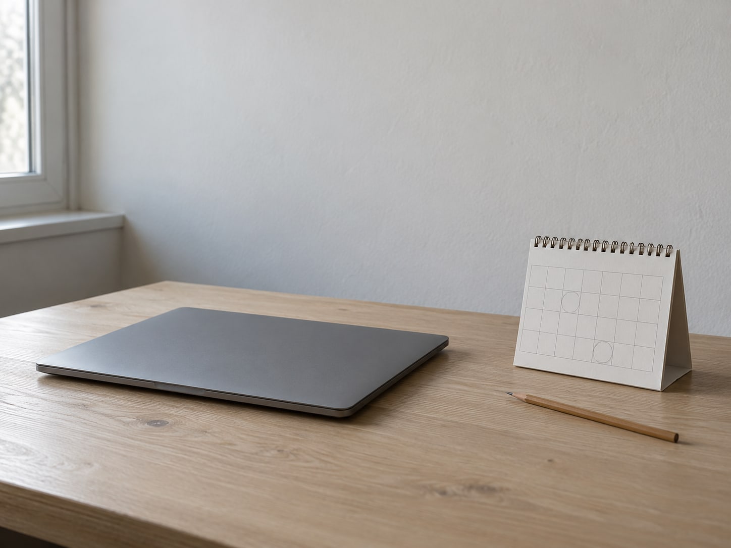 A closed laptop beside a dated paper desk calendar and a pencil, with two weekdays lightly circled.
