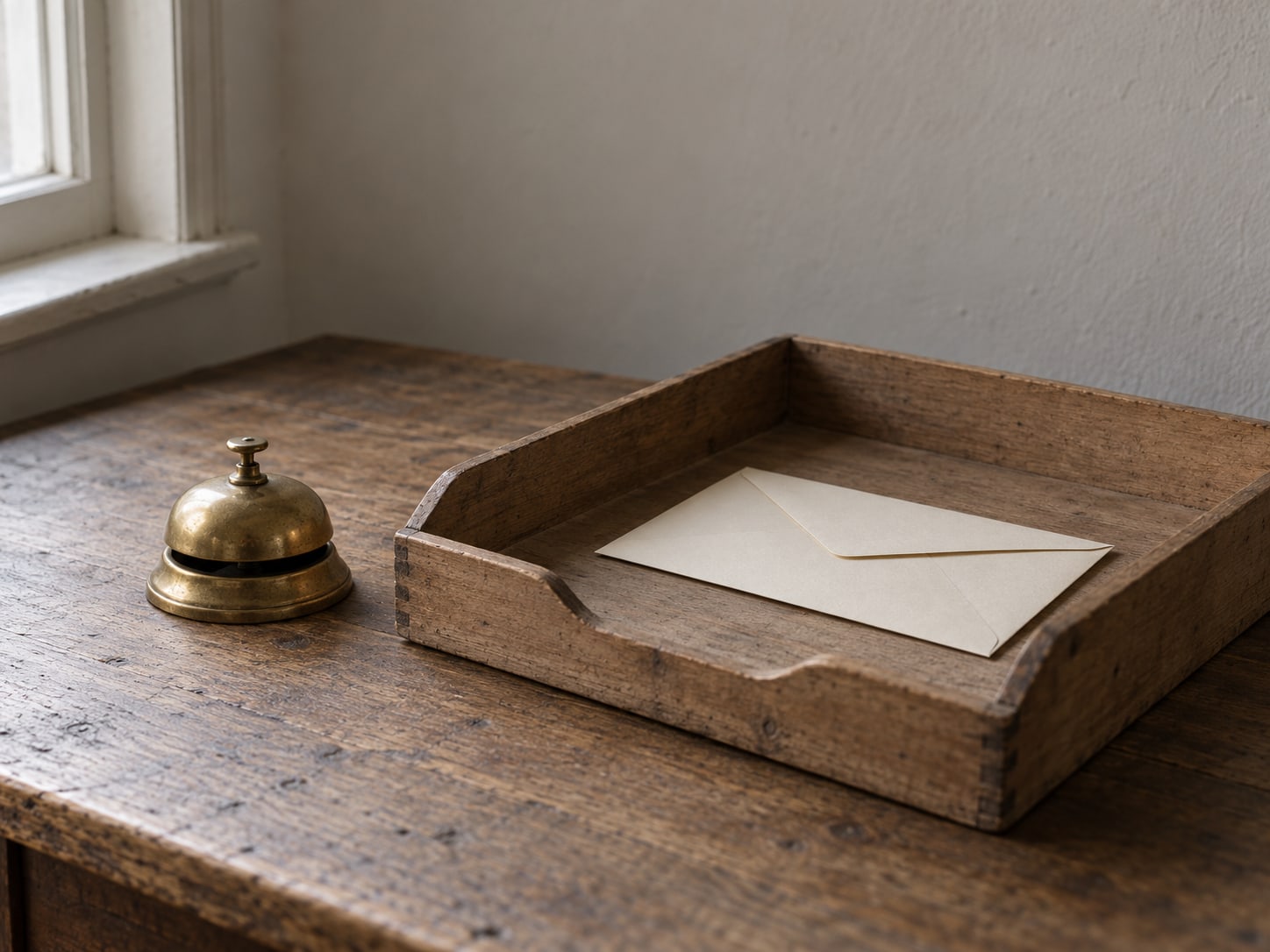 A sealed envelope resting in an empty wooden outgoing tray beside a small brass desk bell.