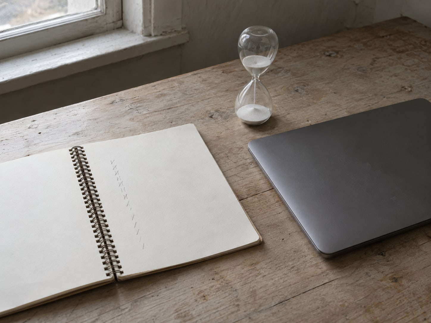 A spiral notebook with unreadable pencil ticks down one page, lying beside a closed laptop and a small egg timer.
