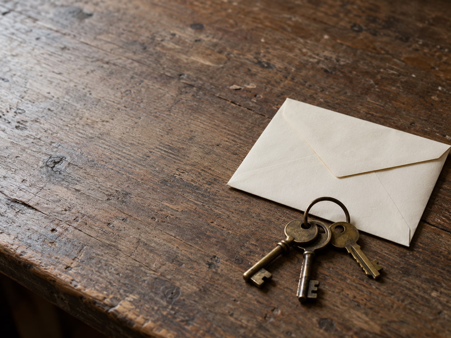 A ring of brass keys on a worn wooden desk beside an unopened envelope.