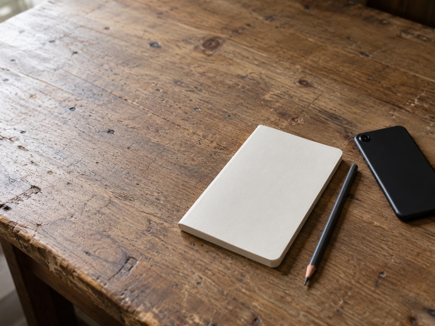 A small notebook with a pencil beside a closed phone lying face down on a wooden counter.