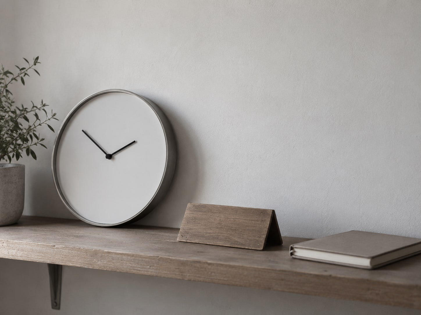 A wall clock and a small wooden sign turned face down on a shop shelf, with a closed notebook beside them.