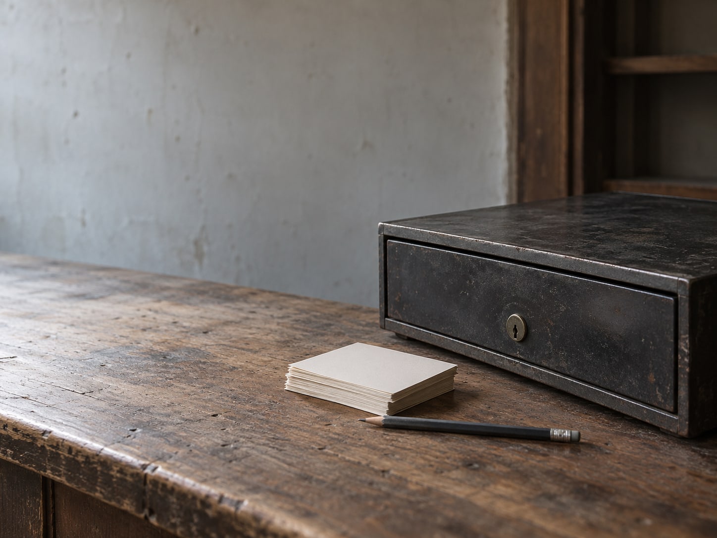 A cash register drawer closed on an empty wooden counter beside a pencil and a stack of blank cards at closing time.