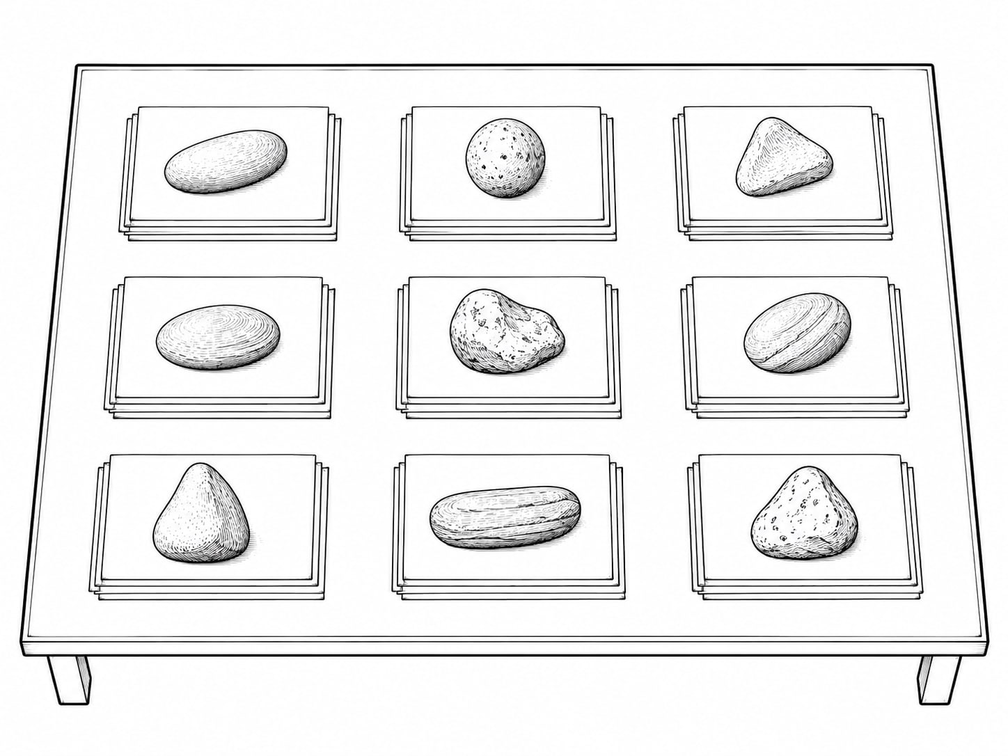 Nine small piles of blank index cards sorted on a table, each pile held down by a different smooth stone.