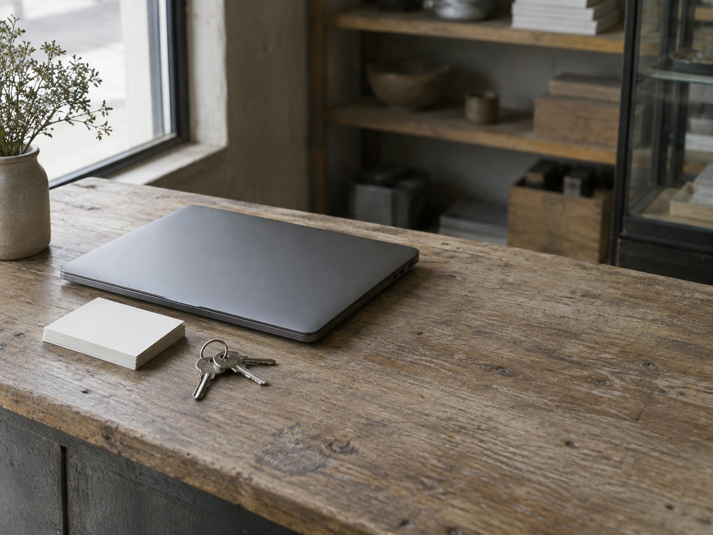 A closed laptop beside a small stack of blank index cards and a ring of keys on the worn wooden counter of a small shop.