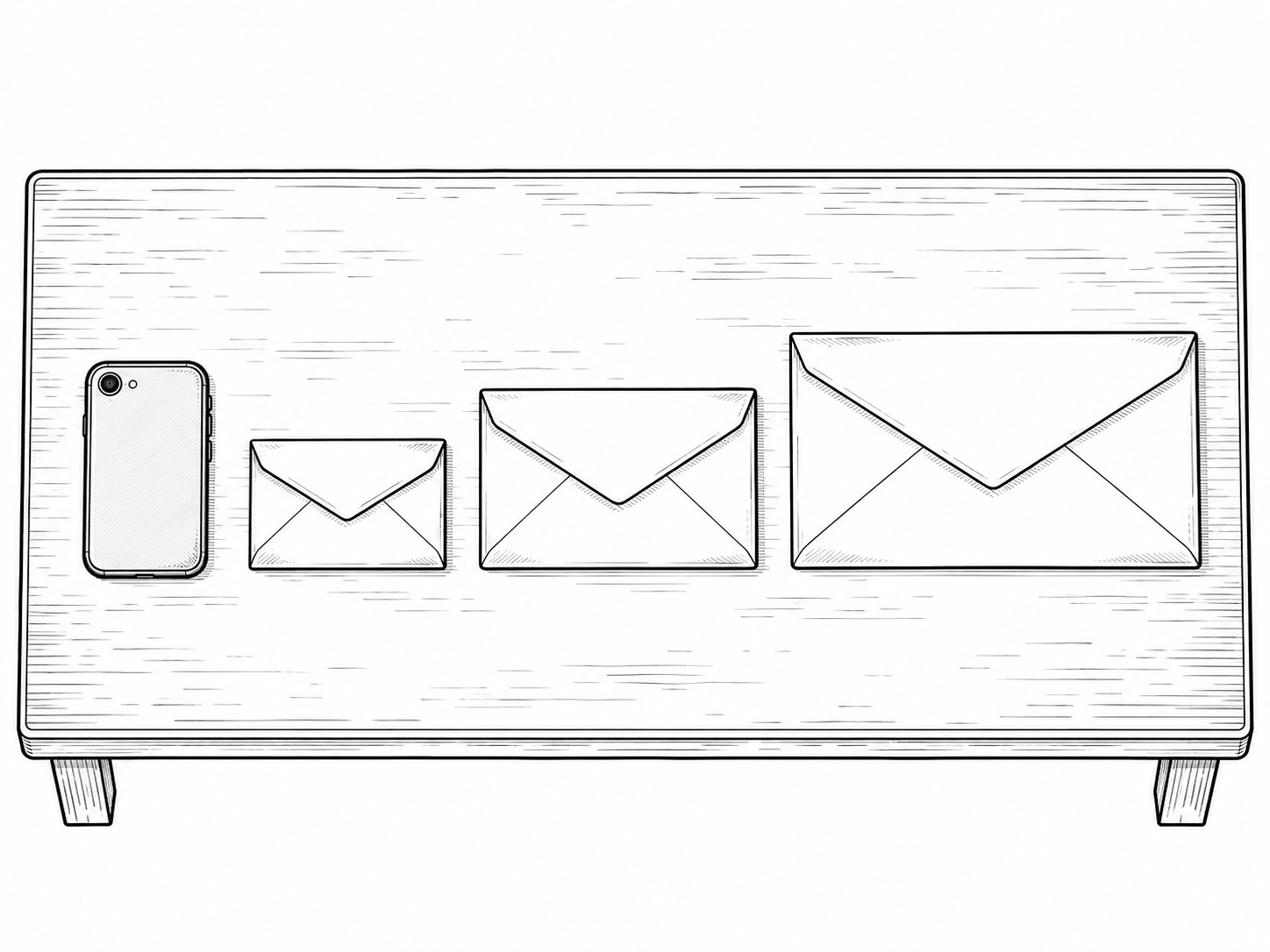 Three plain white envelopes of different sizes laid side by side on a dark desk next to a phone turned face down.
