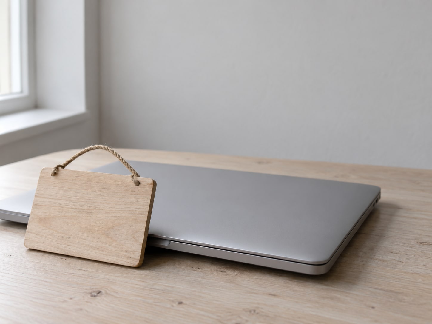 A small wooden shop sign blank on both sides leaning against a closed laptop on a clean desk.