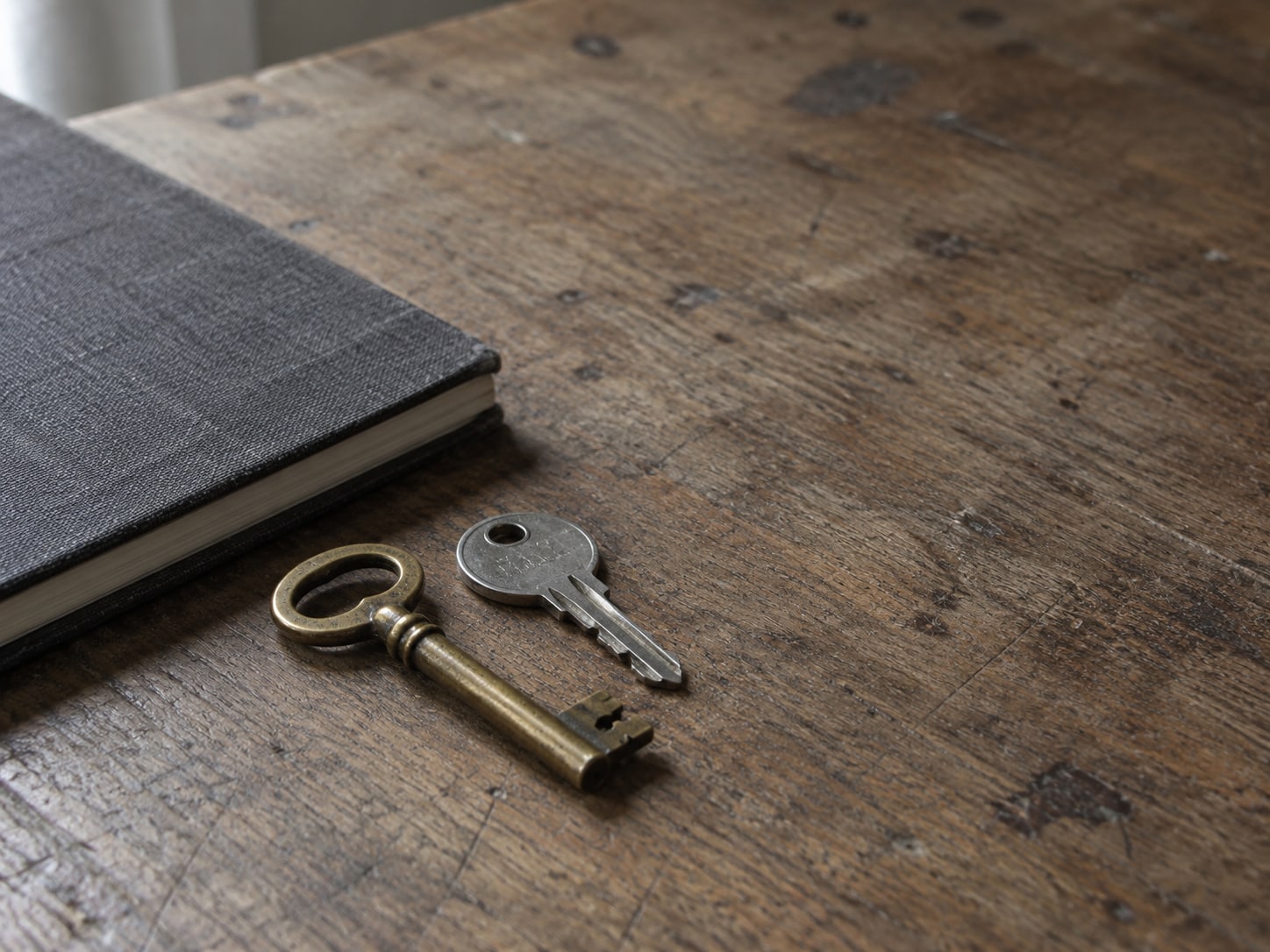 A small brass key and a spare key on a worn wooden desk beside a closed notebook.