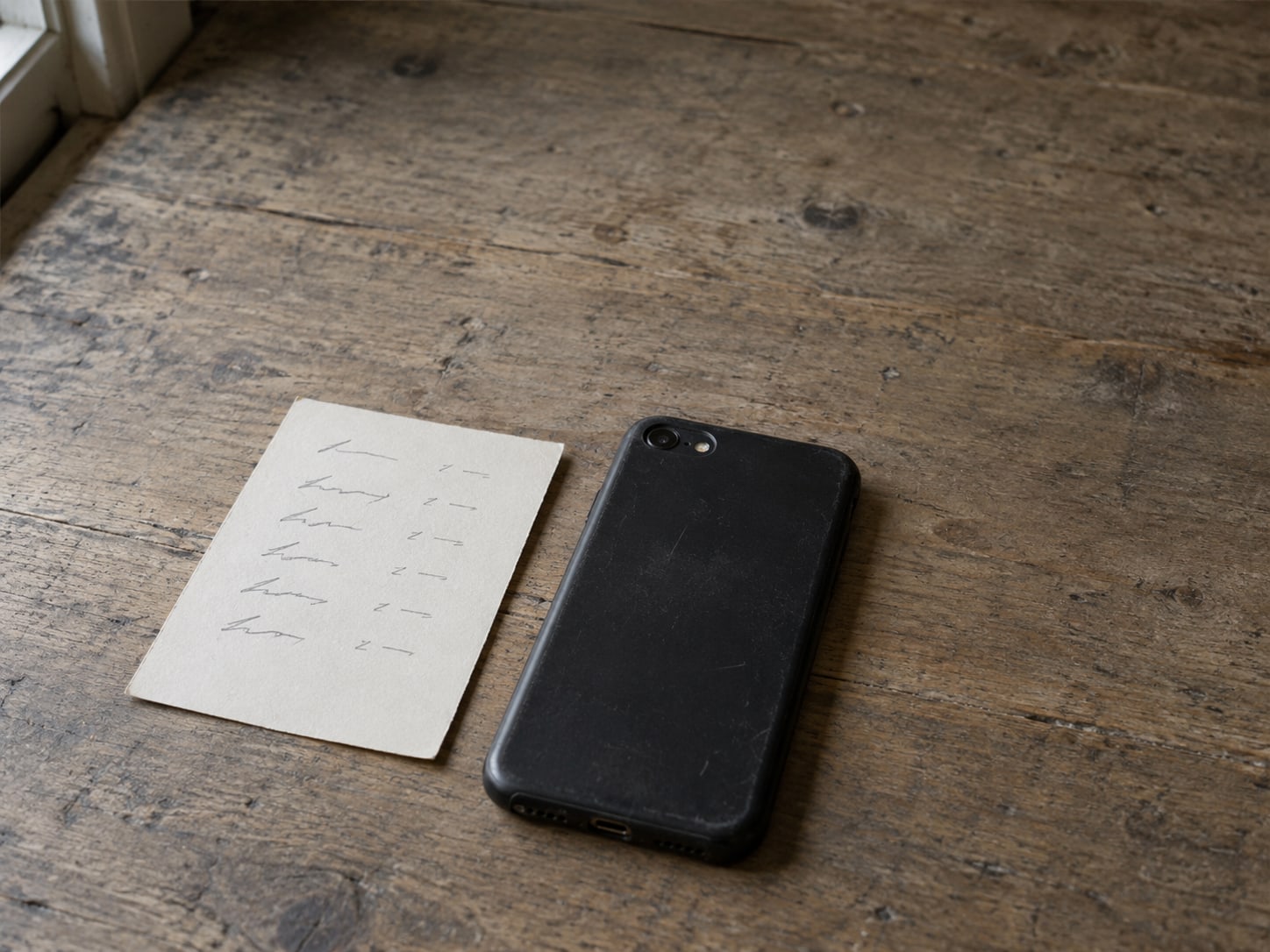 A paper card with unreadable pencil marks for weekday opening times sits on a shop counter next to a closed phone lying face down.