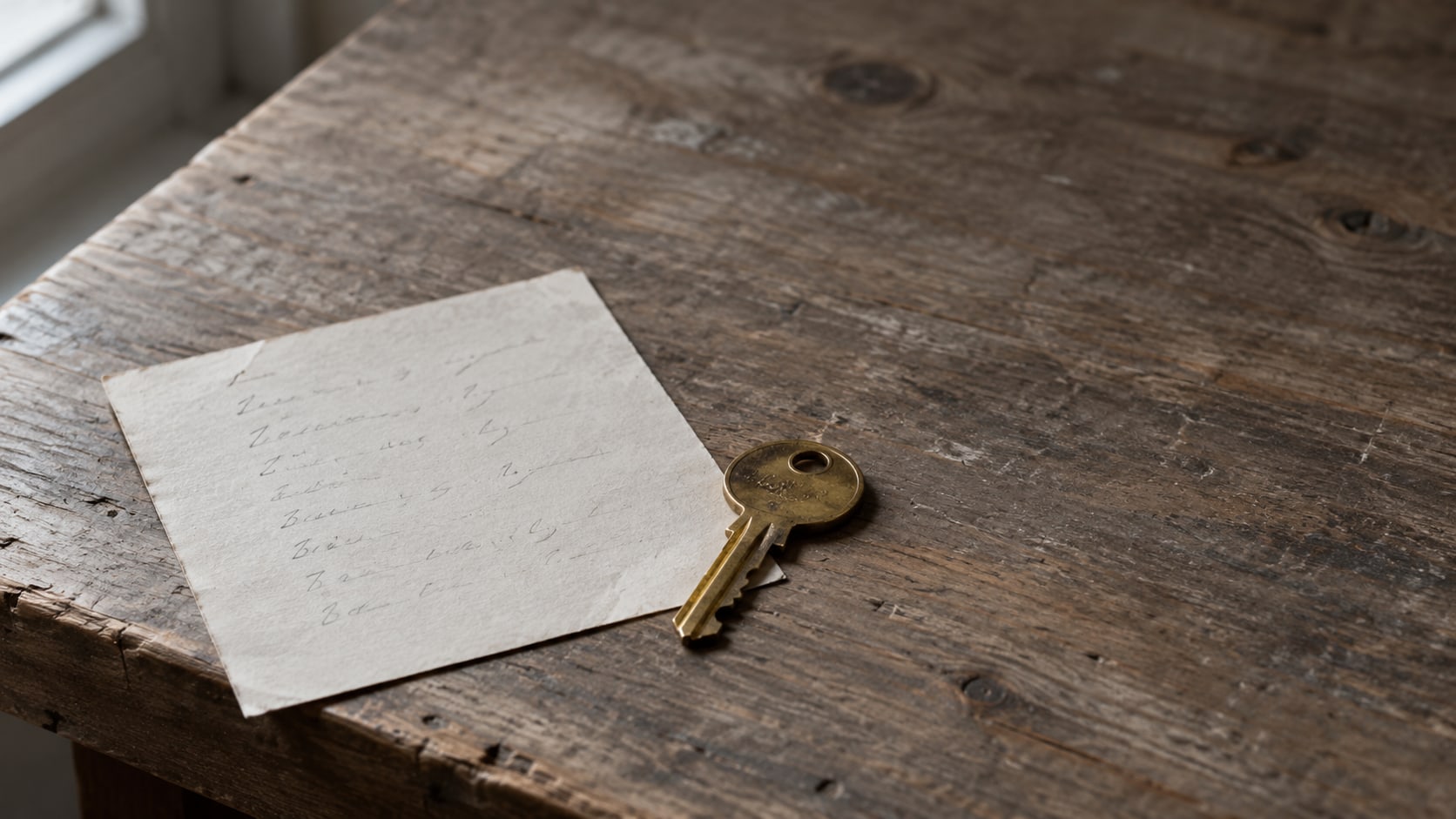 A paper opening-hours card with unreadable pencil marks and a small brass shop key resting on a worn wooden counter.