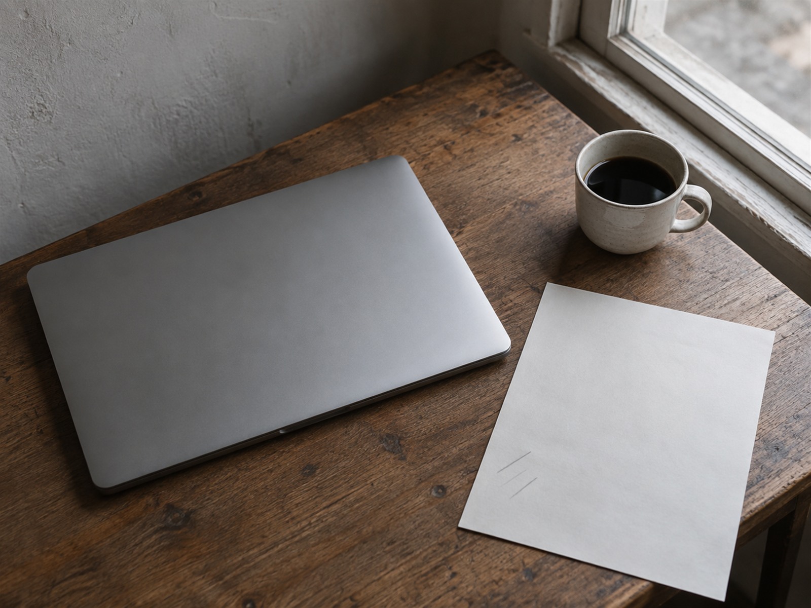 A closed laptop, a paper checklist with faint pencil ticks and a cup of coffee on a desk by a window.