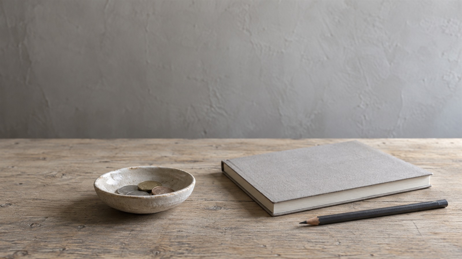 A small ceramic dish holding a few coins beside a closed notebook and a pencil on a pale oak table.