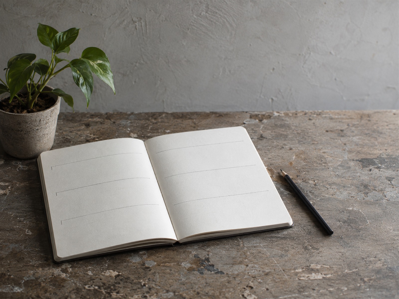An open paper planner with faint pencil marks across four weeks, a pencil and a small plant on a desk.