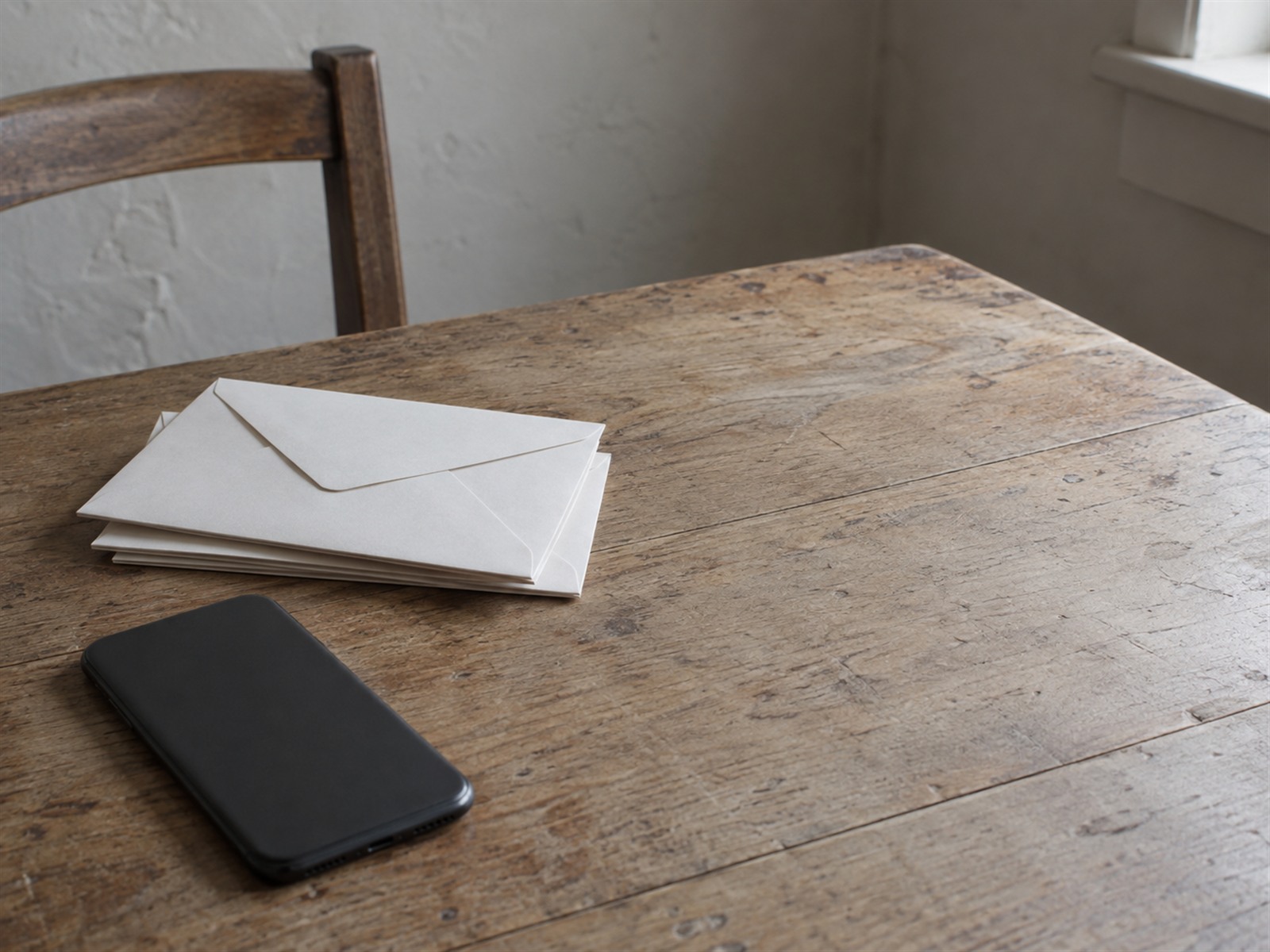 A small stack of unopened envelopes beside a face-down phone on a kitchen table.