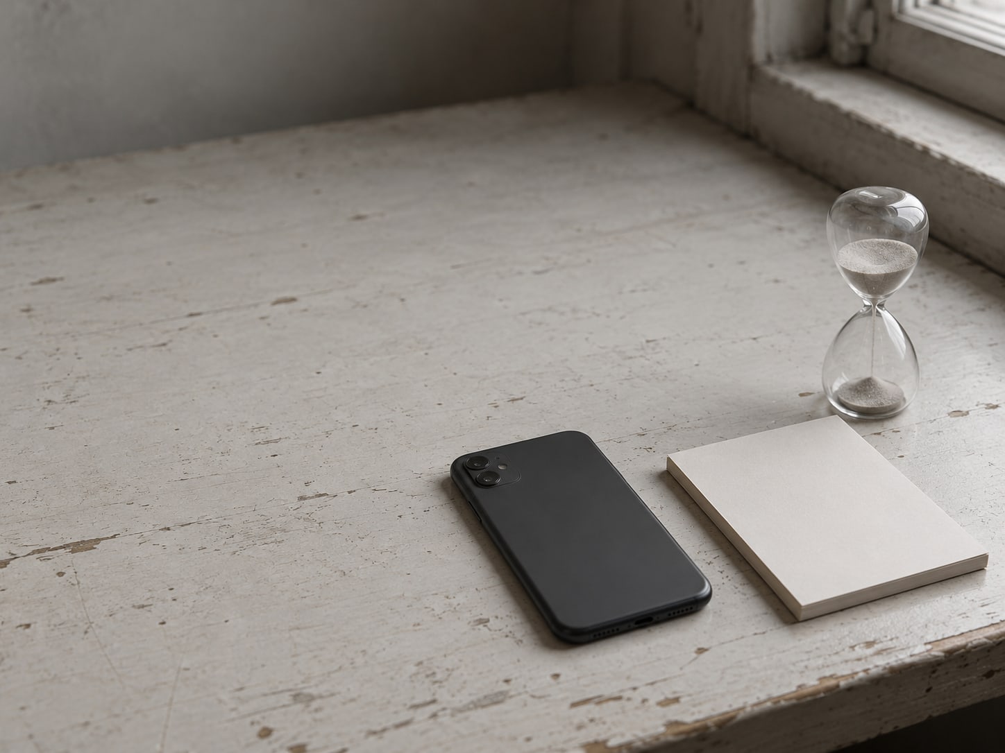 A smartphone lying face down on a desk beside a small hourglass and a blank notepad.