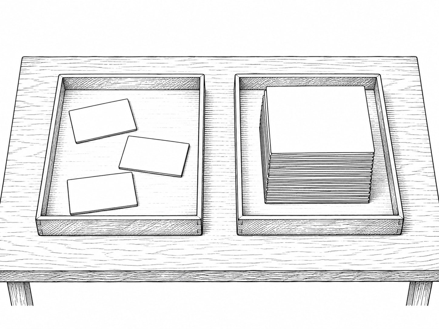 Two shallow sorting trays on a table, one holding a few blank cards and the other a larger stack.