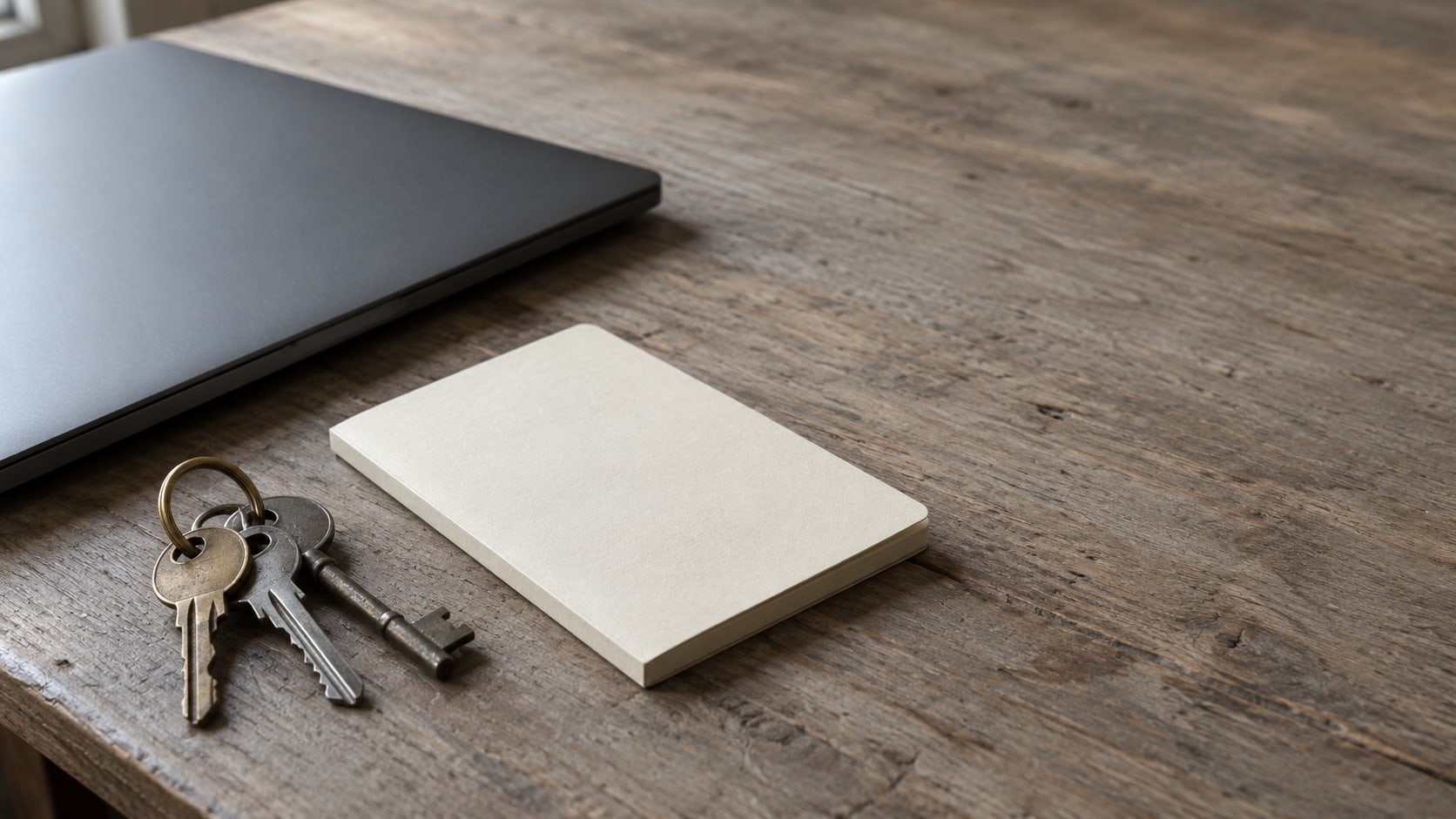 A brass key ring holding several keys beside a closed laptop and a blank notepad on a wooden desk.