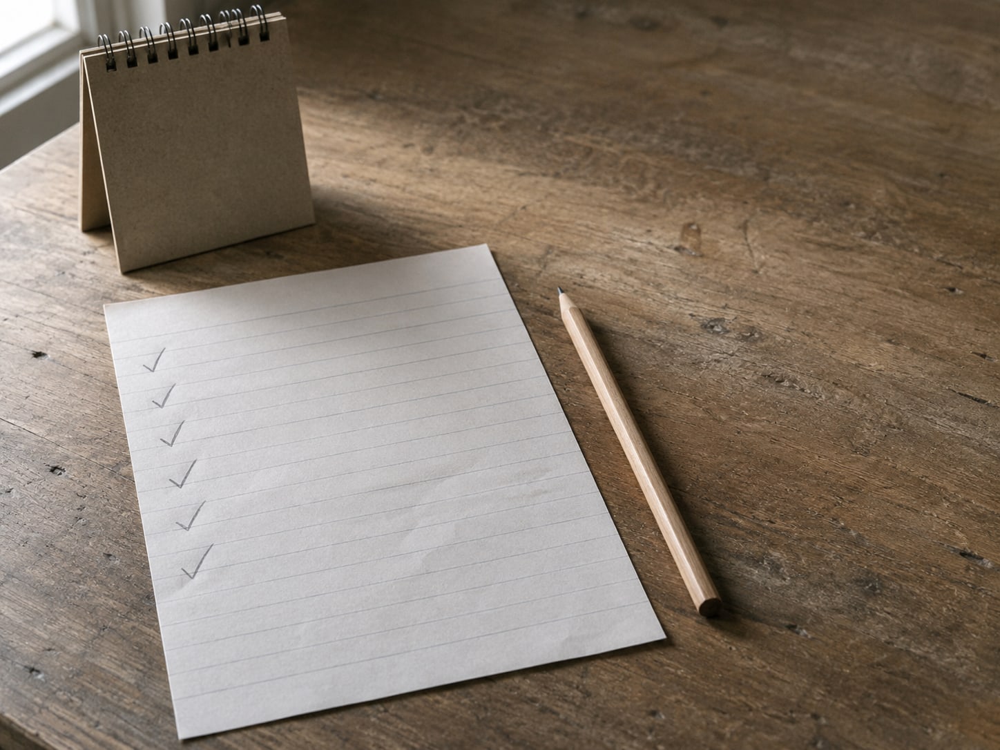 A single sheet of lined paper with unreadable pencil checkmarks down the left margin, beside a pencil and a small desk calendar turned face down.