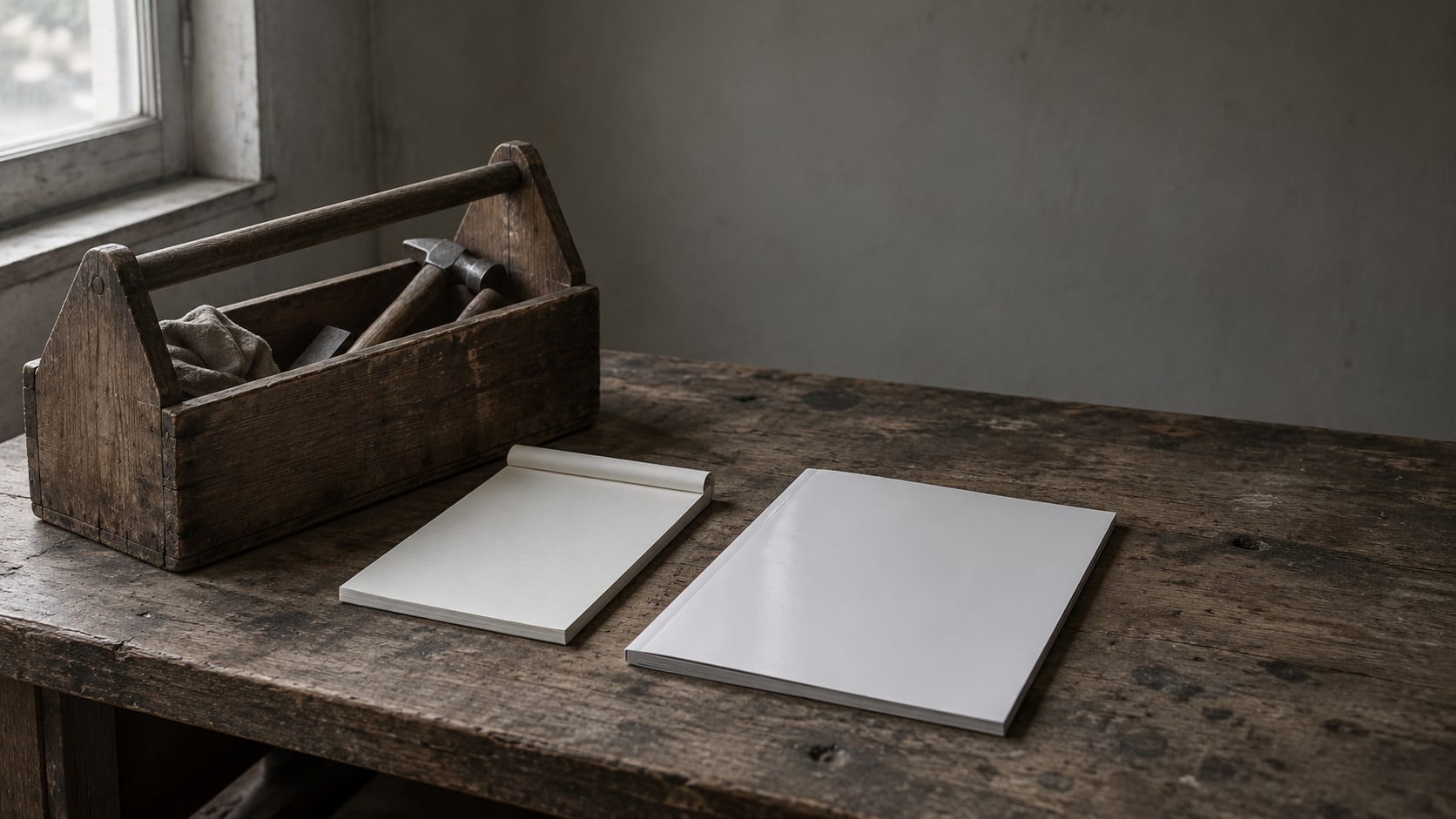 A plain wooden toolbox beside a glossy closed brochure on a worn workbench, with a blank notepad between them.