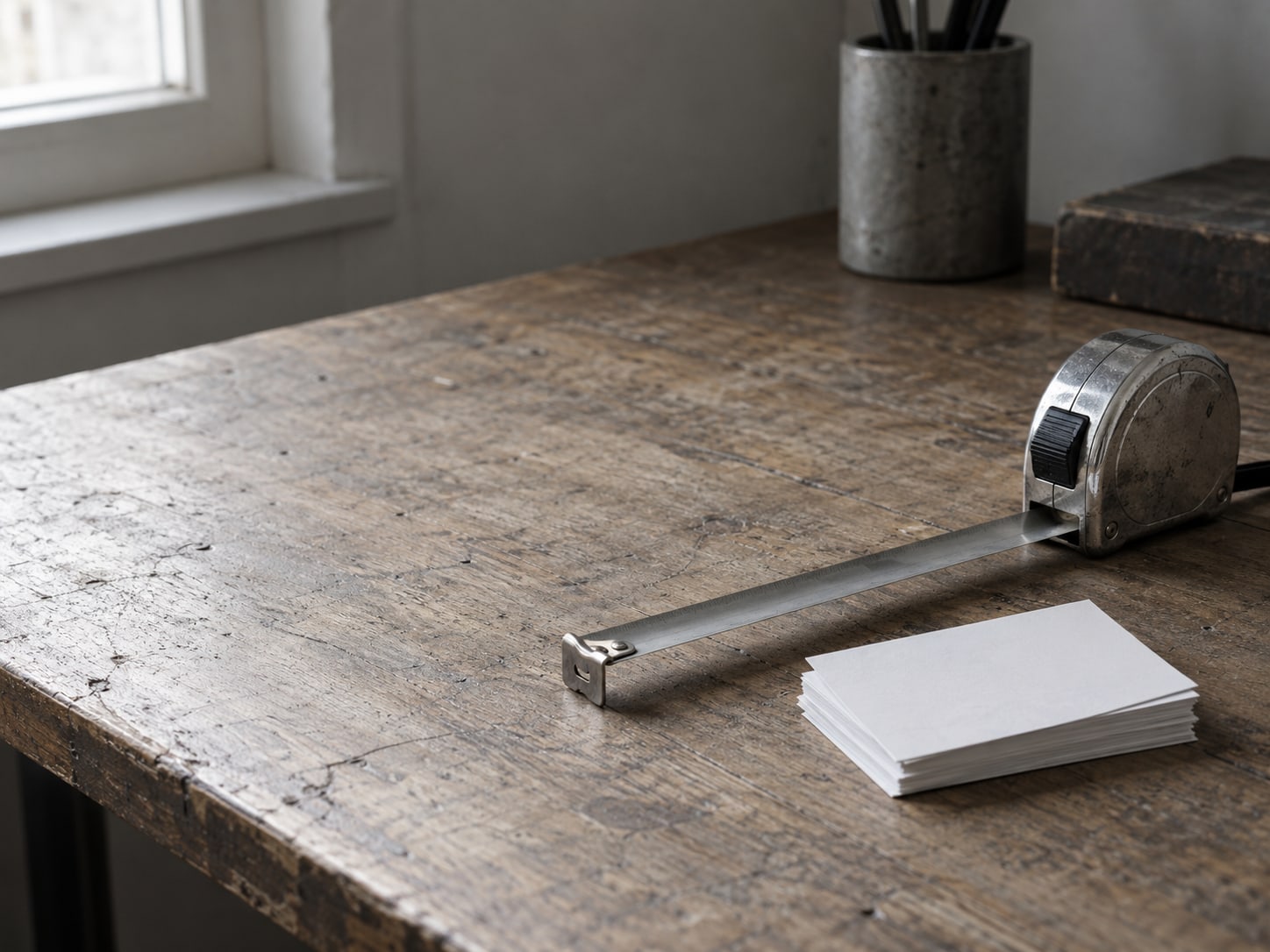A tape measure unrolled across a wooden desk next to a small stack of blank paper cards.