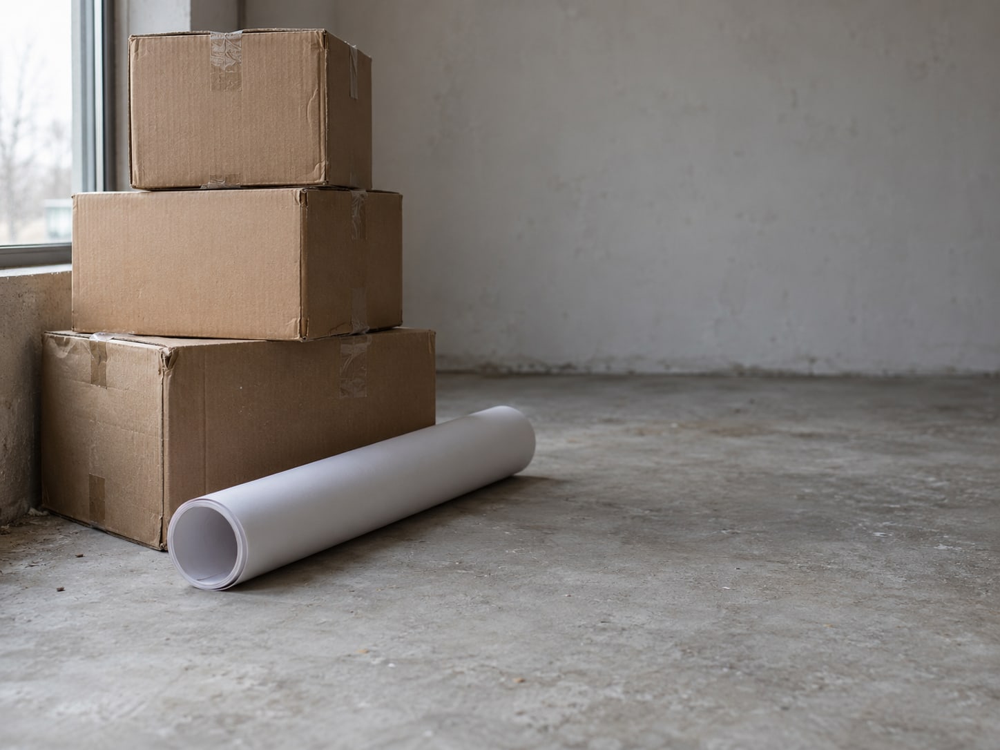 A stack of taped cardboard boxes next to a rolled-up set of plans on a bare floor.