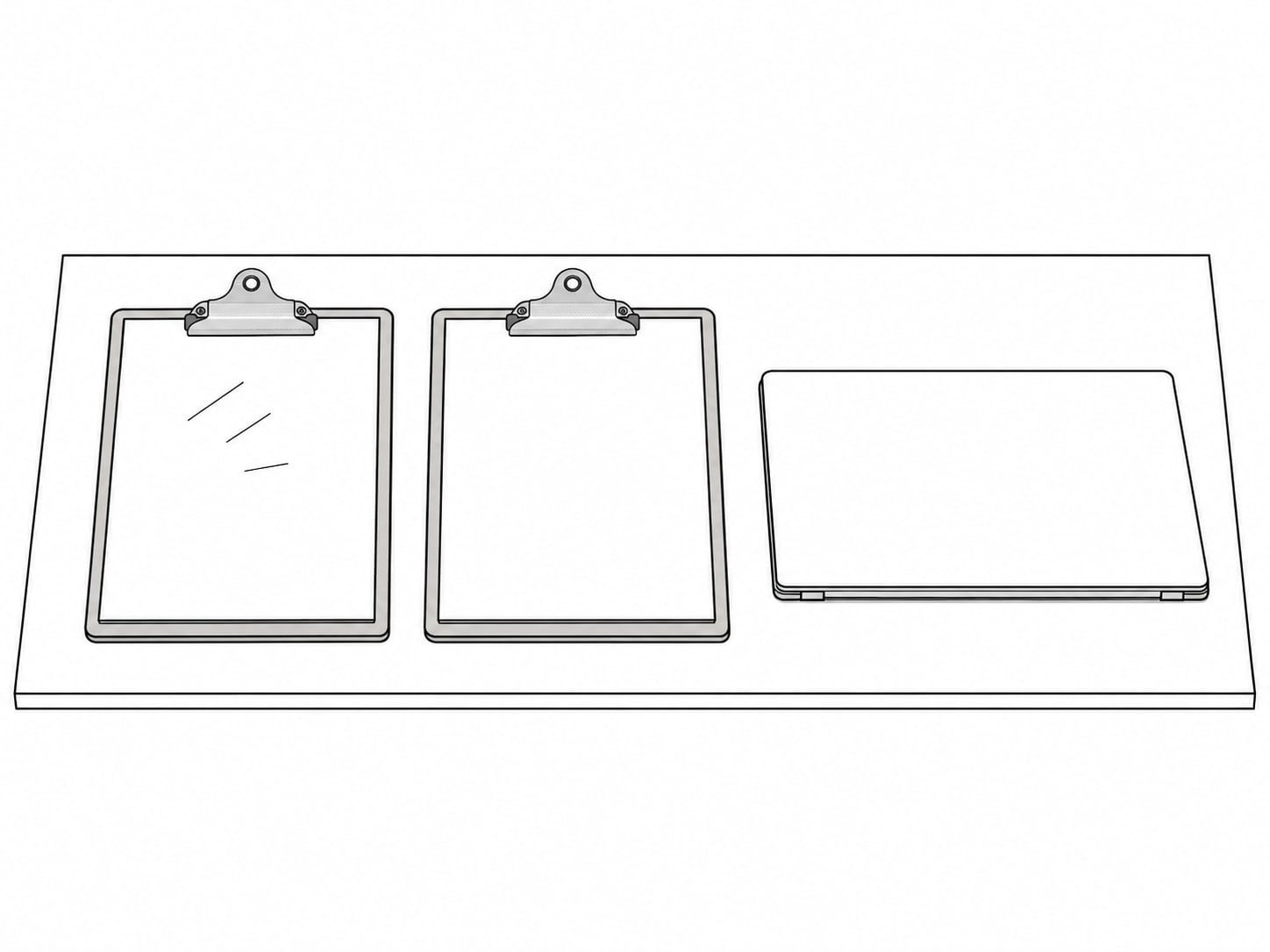 Two blank clipboards side by side on a table, one with a few pencil marks and one empty, beside a closed laptop.