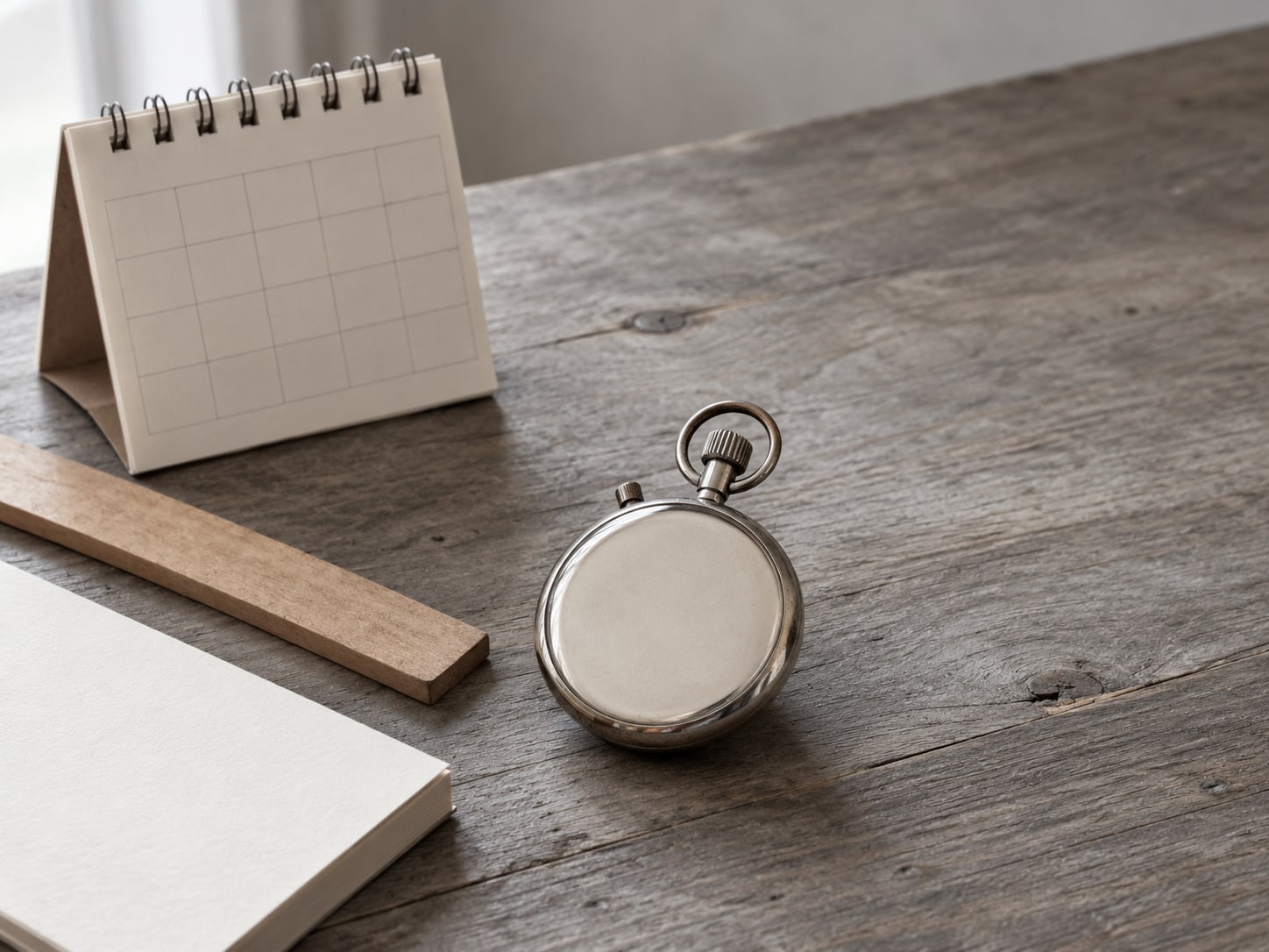 A small desk calendar, a wooden ruler and a stopwatch lying beside a blank notepad.
