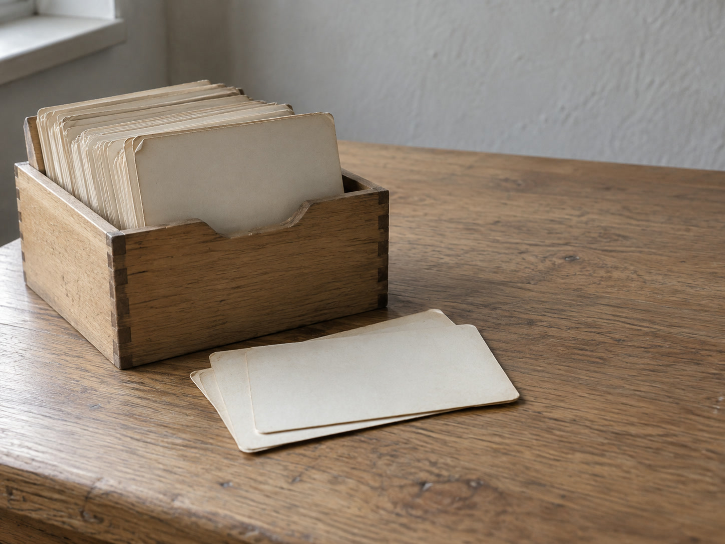 A wooden card file box with worn blank index cards, a few pulled out and set neatly aside, on an oak desk.