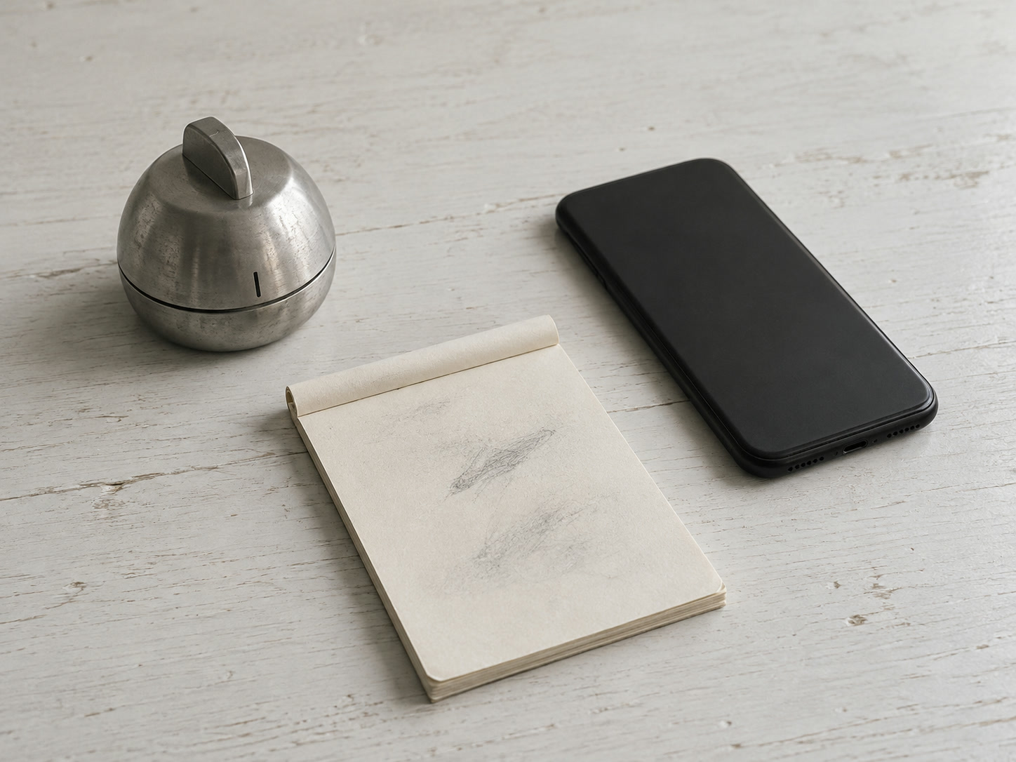 A plain wind-up kitchen timer beside a face-down phone and a notepad with faint pencil marks on a white desk.